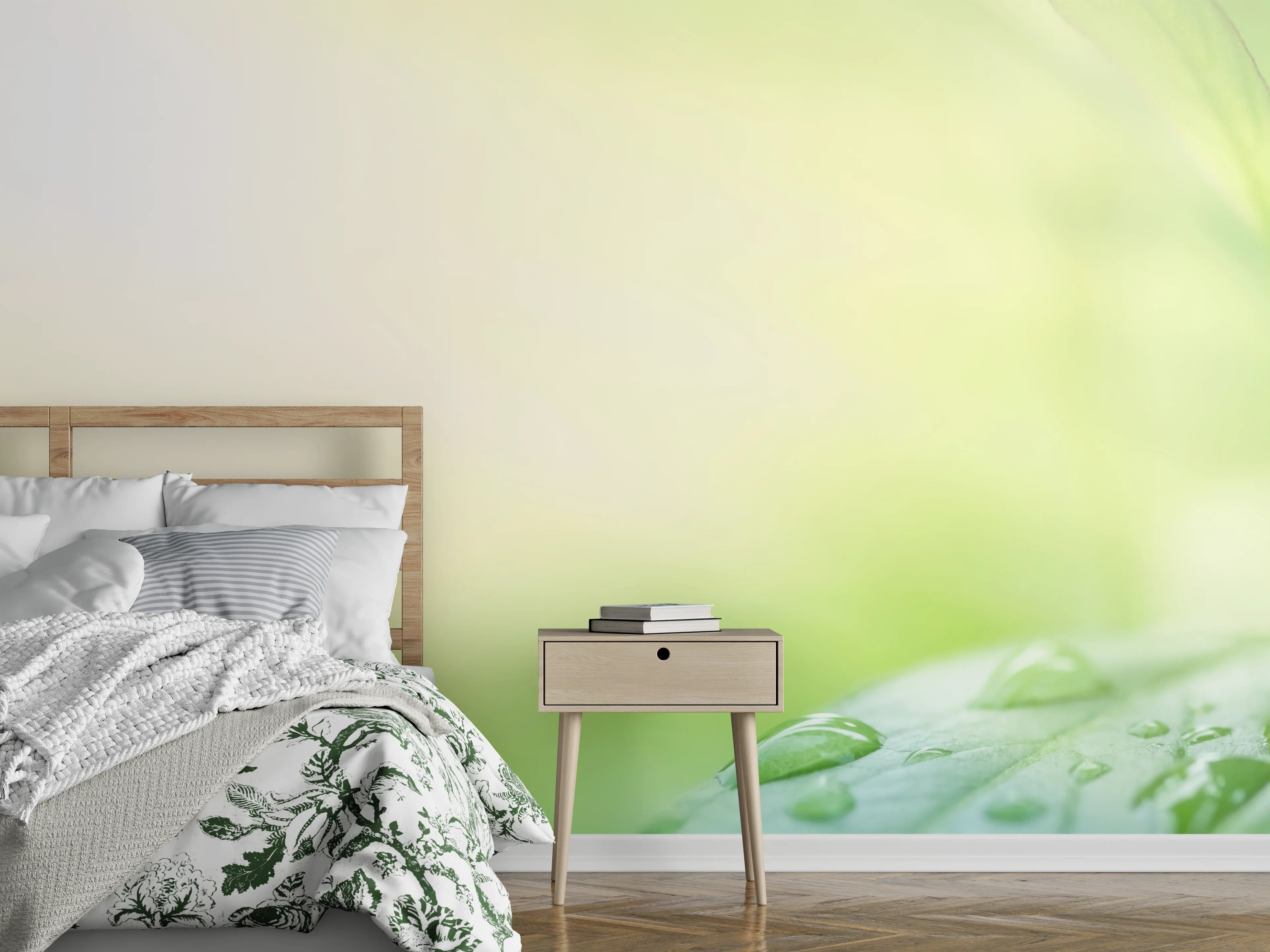 Wandverkleidung Schlafzimmer - Grünes Blatt Regentropfen Sommer