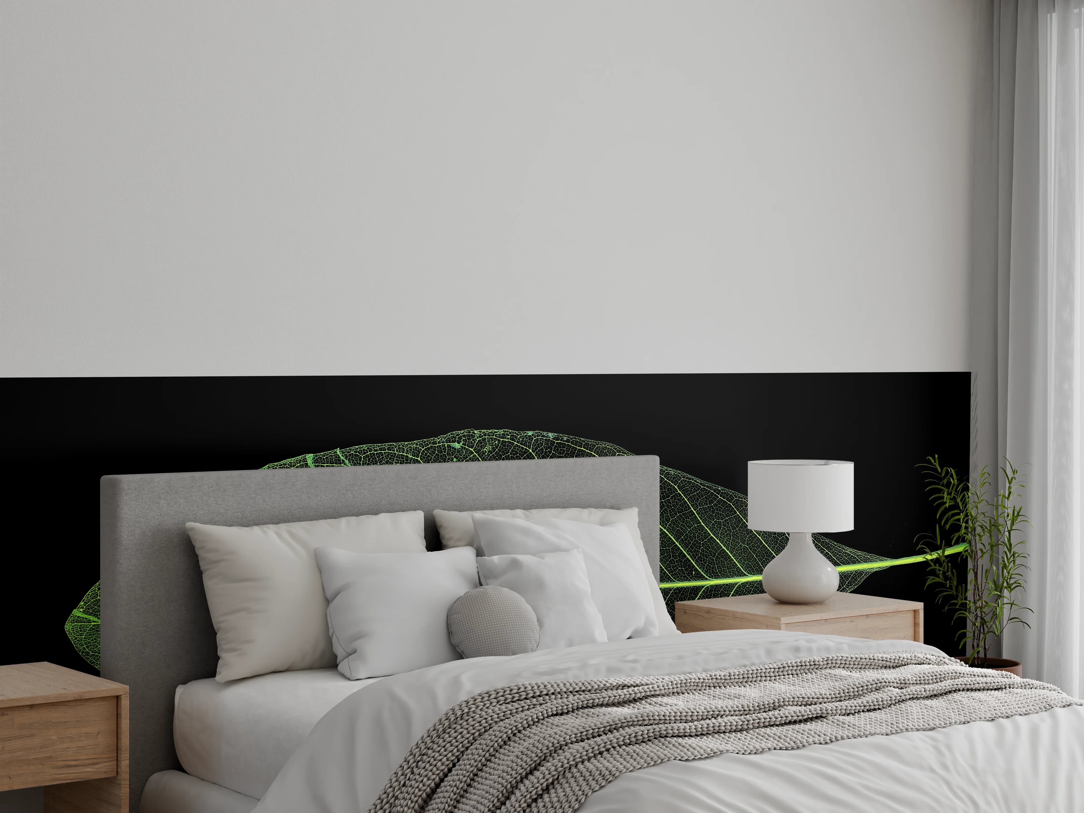 Wandverkleidung Schlafzimmer - Grünes Blatt auf schwarzem Hintergrund