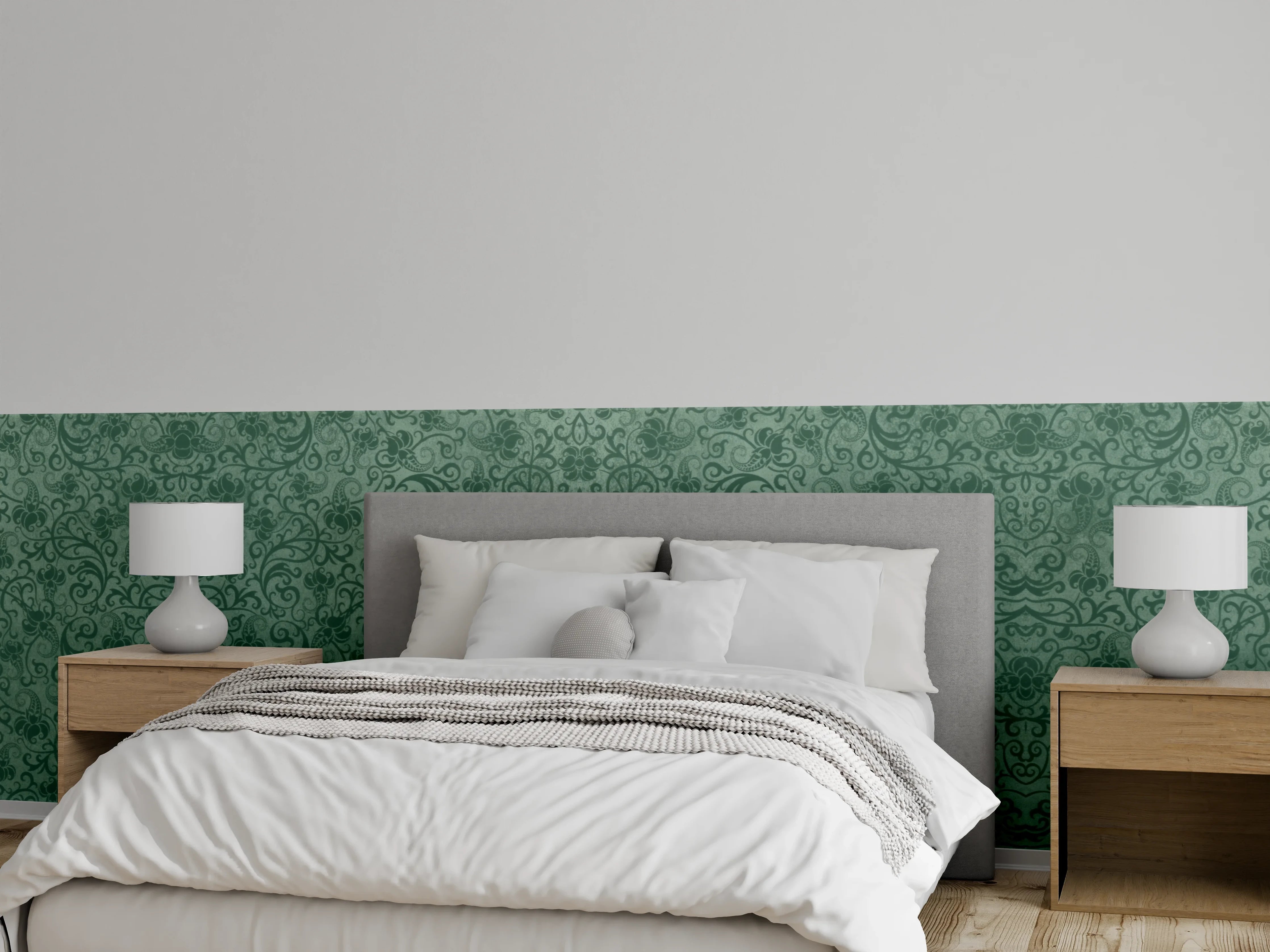Wandverkleidung Schlafzimmer - Grünes Damast Muster