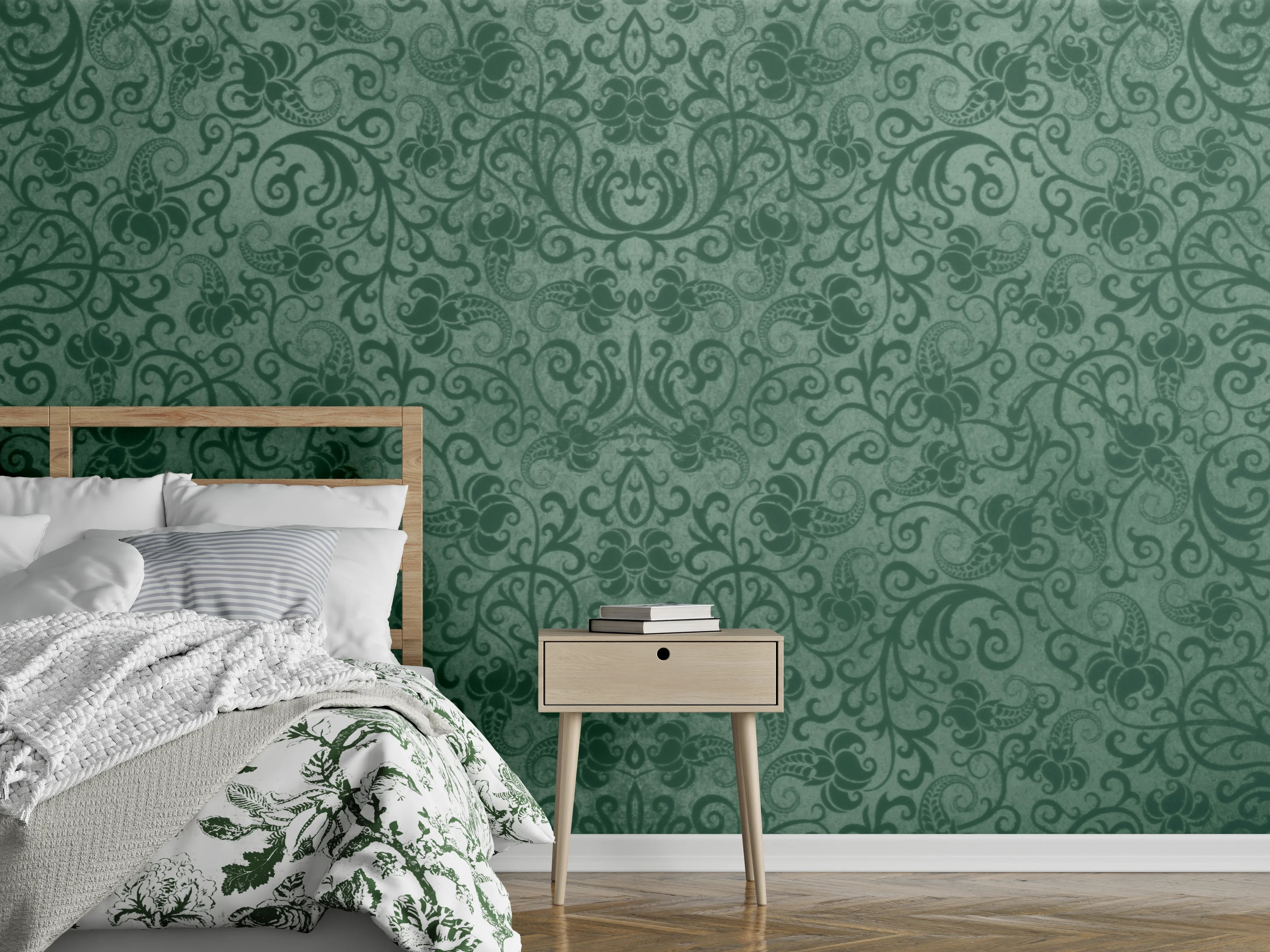 Wandverkleidung Schlafzimmer - Grünes Damast Muster