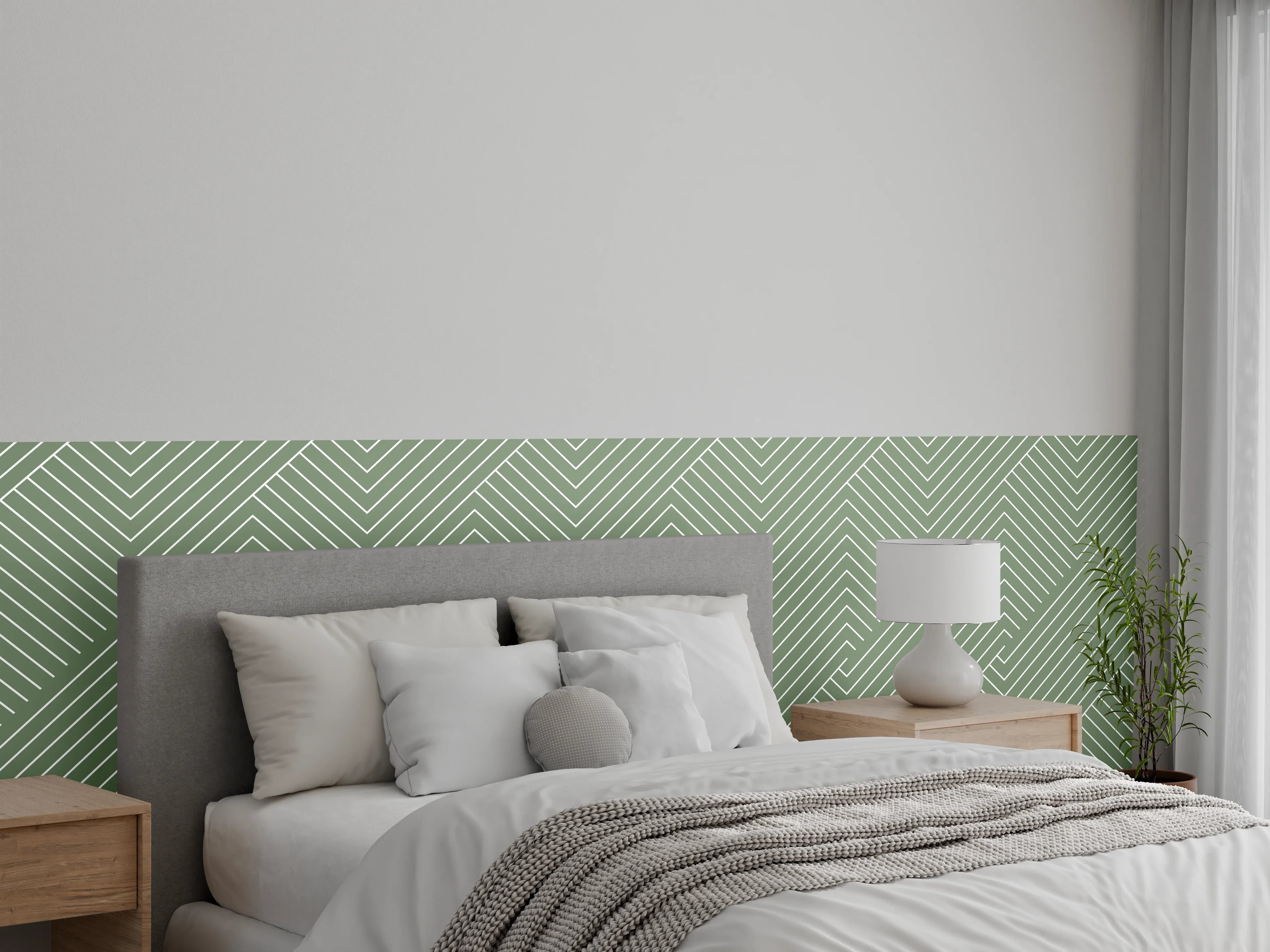 Wandverkleidung Schlafzimmer - Grünes Linienmuster diagonal modern