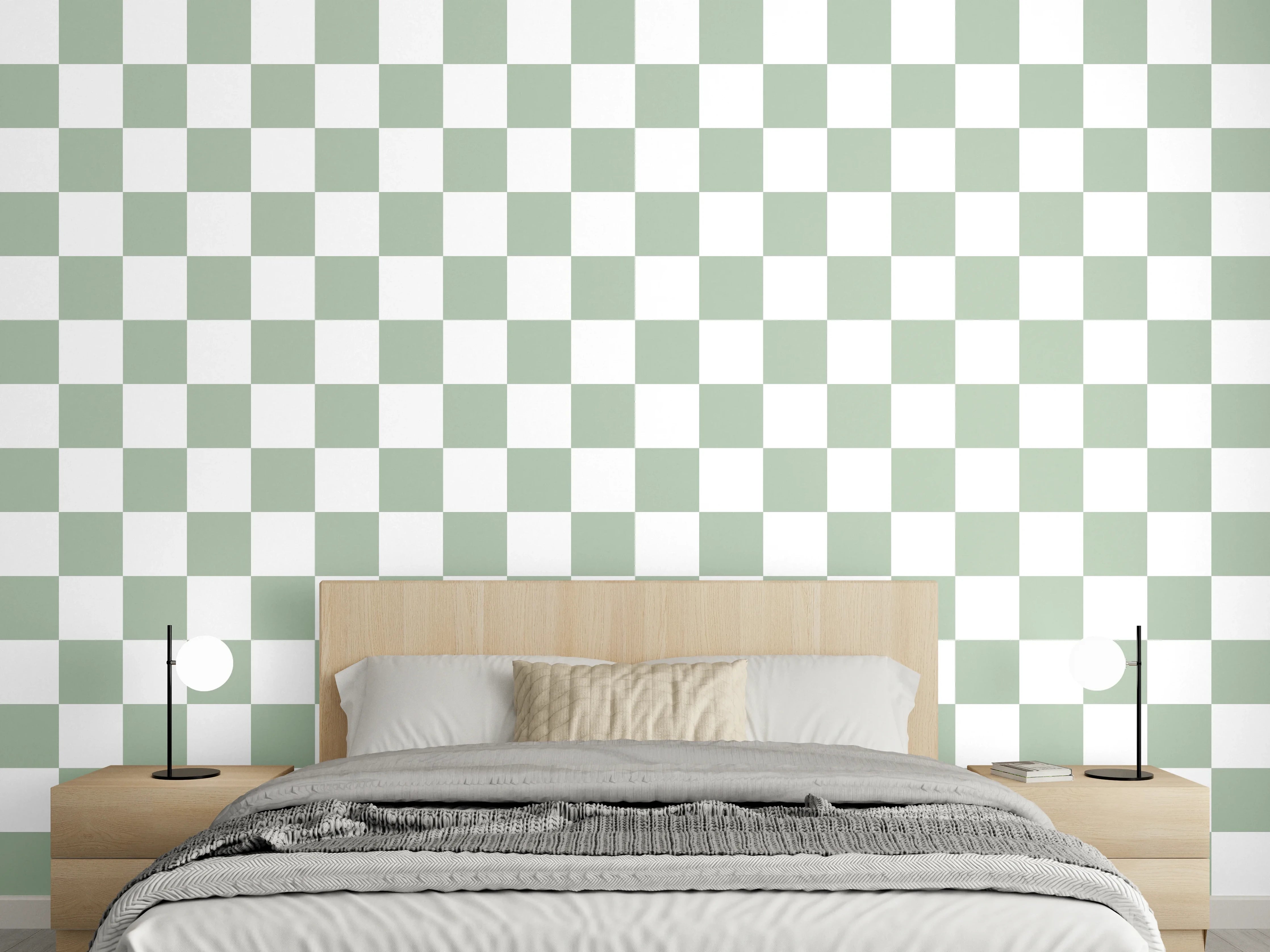 Wandverkleidung Schlafzimmer - Grünes Schachbrettmuster minimalistisch modern