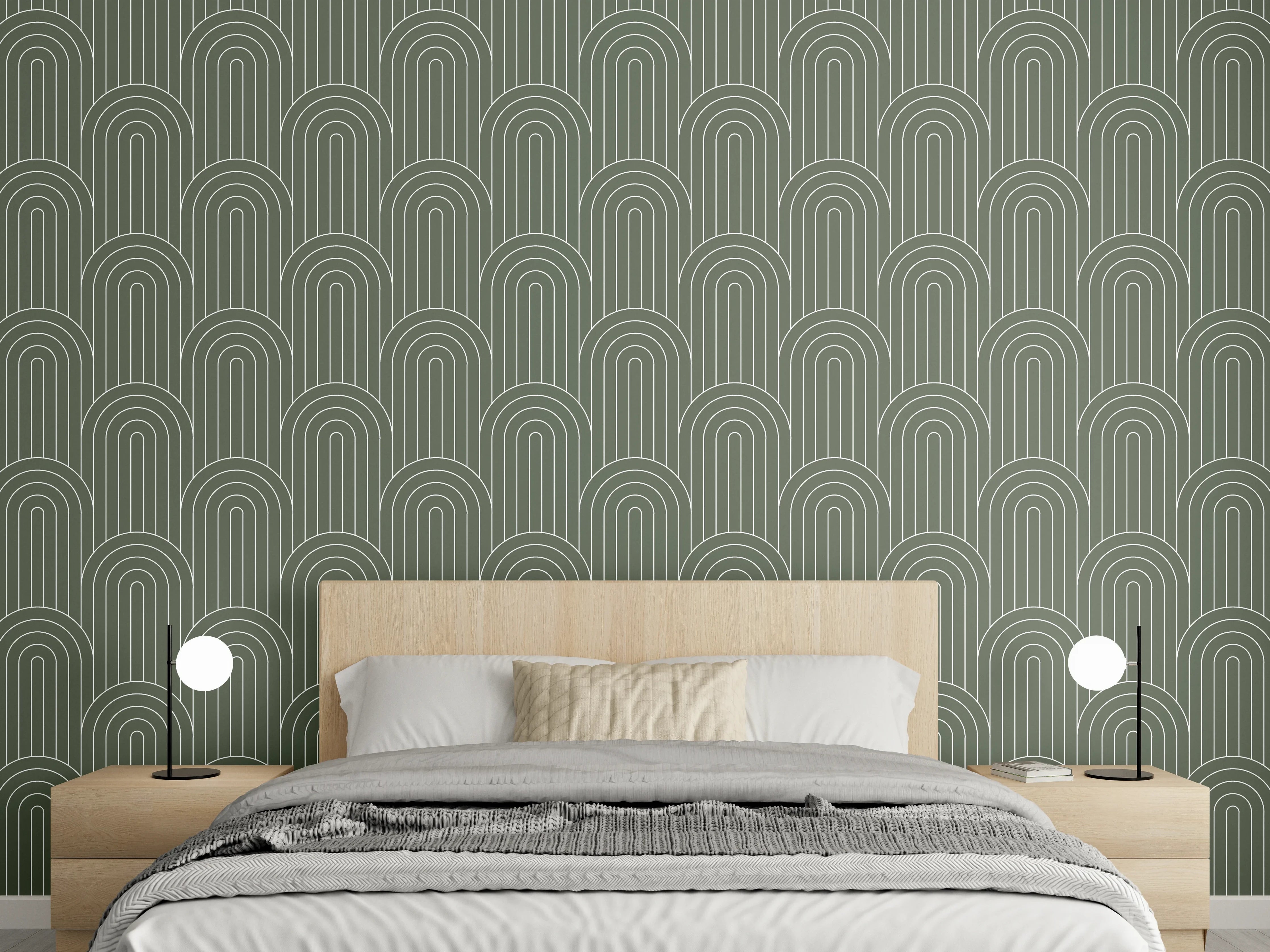 Wandverkleidung Schlafzimmer - Grünes Wellenmuster mit feinen Linien