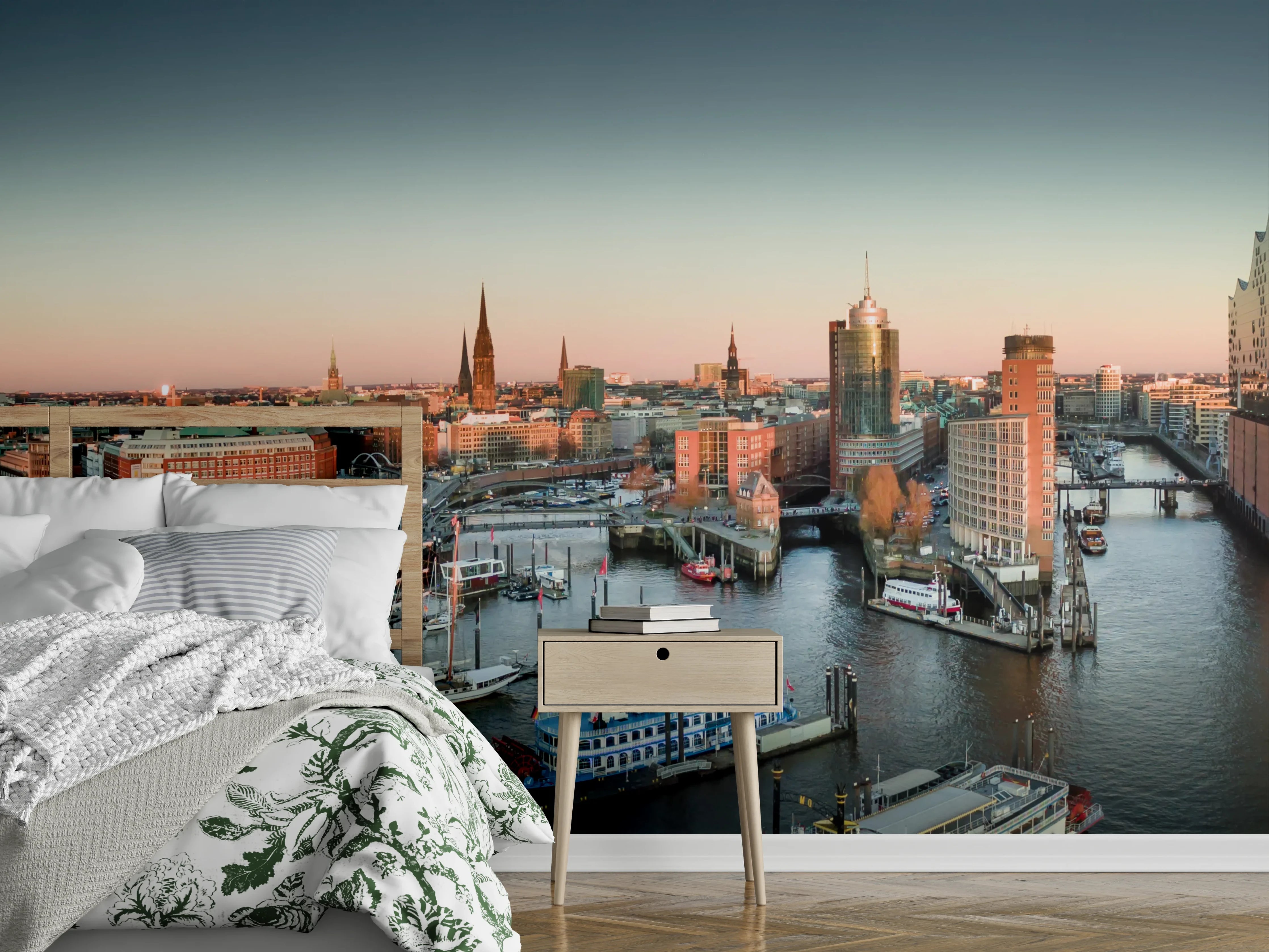 Wandverkleidung Schlafzimmer - Hamburg Skyline Panorama bei Sonnenuntergang
