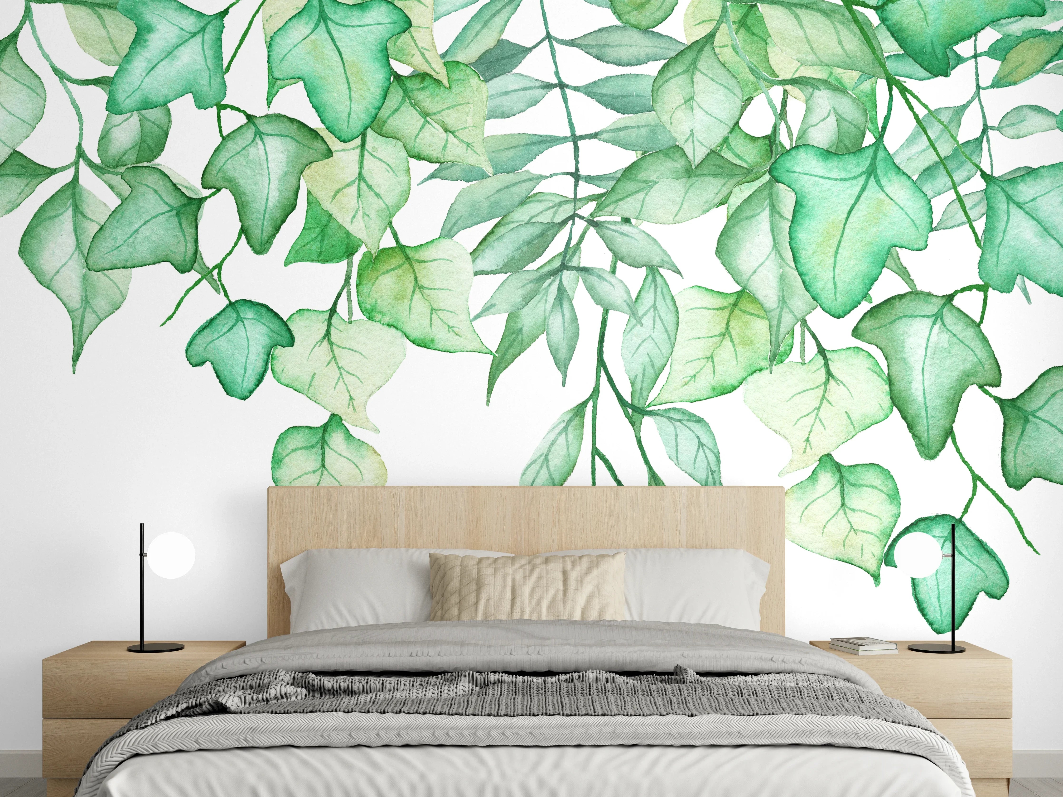 Wandverkleidung Schlafzimmer - Handgezeichneten Aquarellblättern und Efeu
