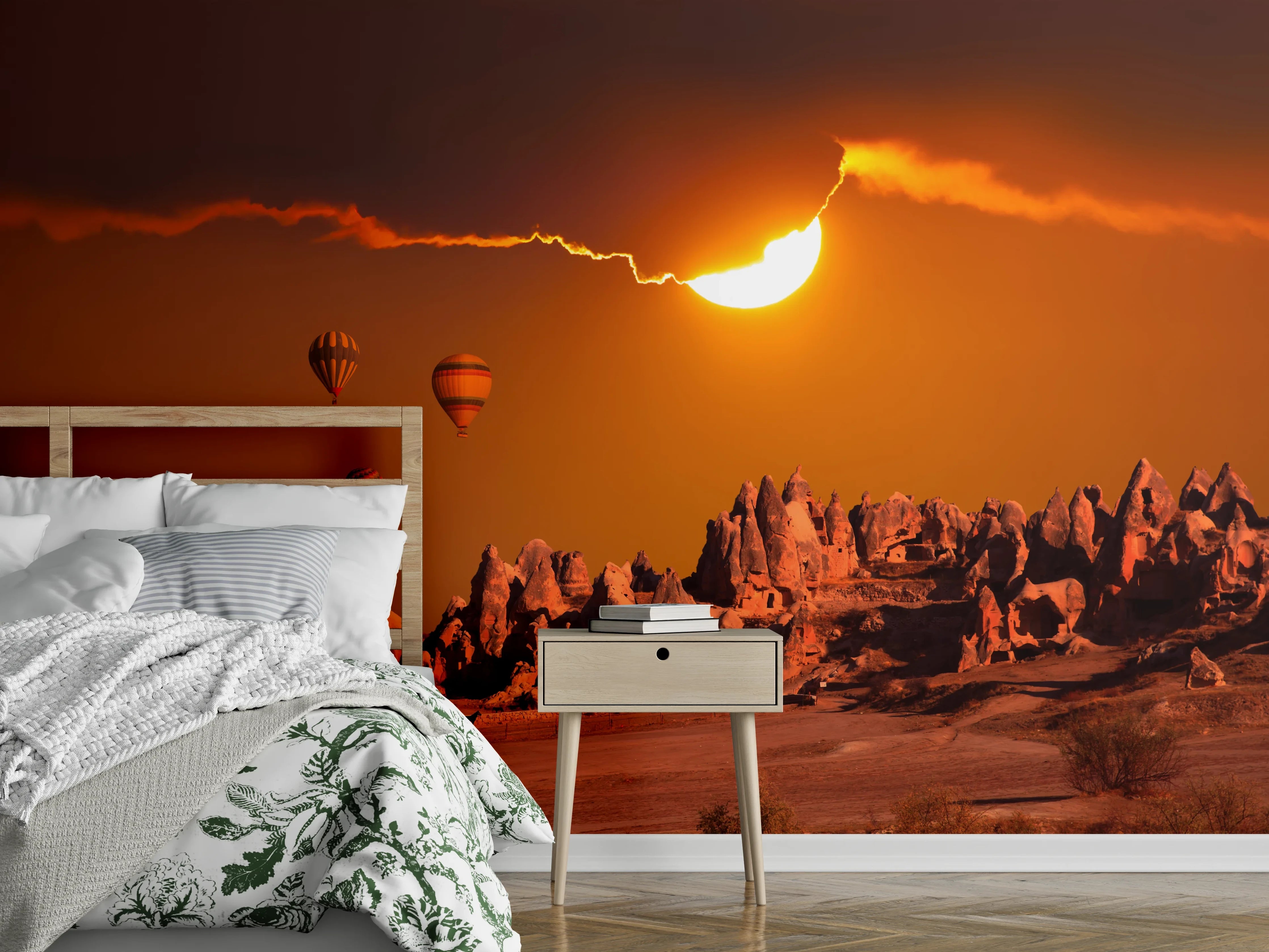 Wandverkleidung Schlafzimmer - Heißluftballons Sonnenuntergang Wüstenlandschaft