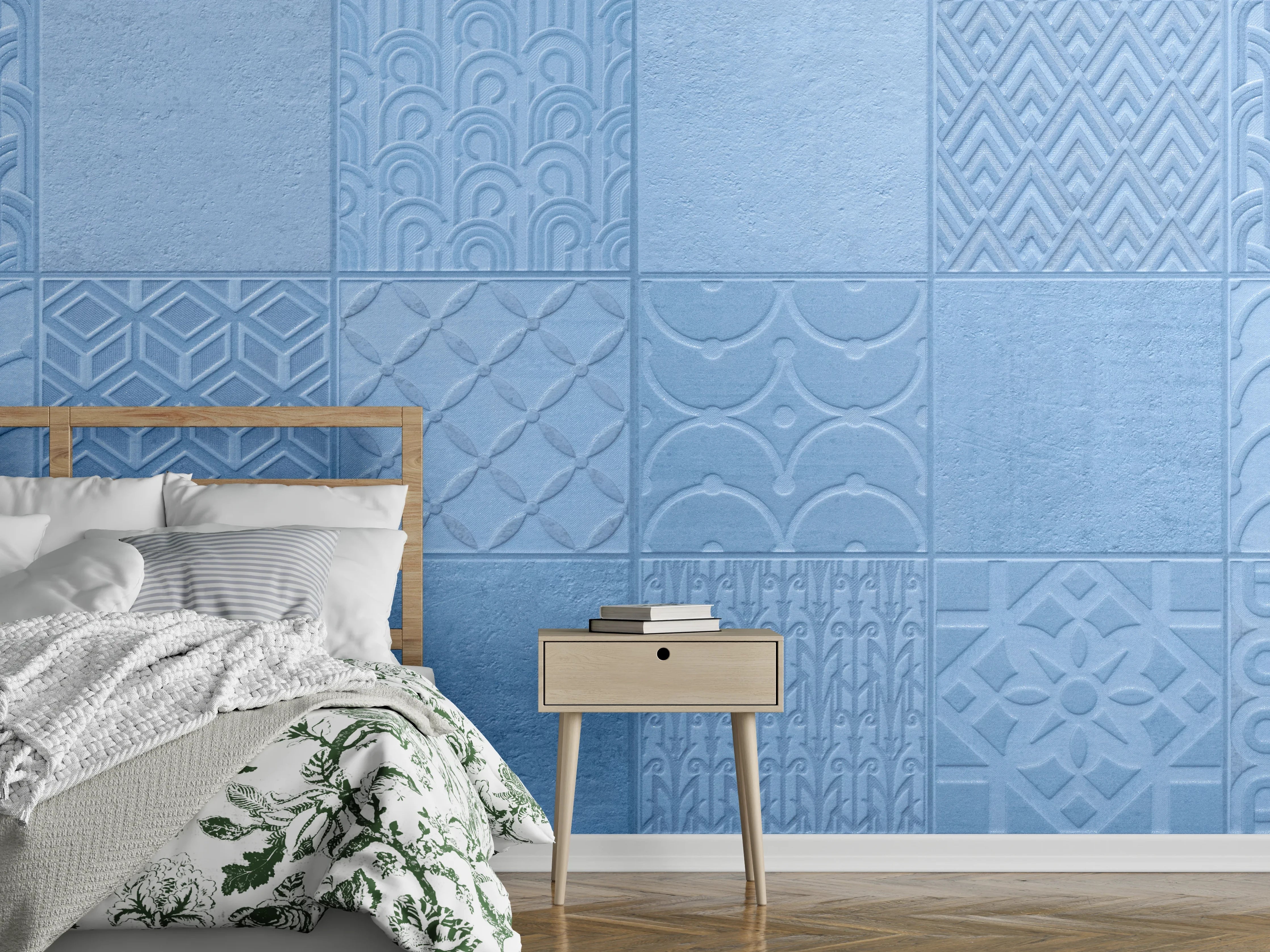 Wandverkleidung Schlafzimmer - Hellblaue Fliesenmuster