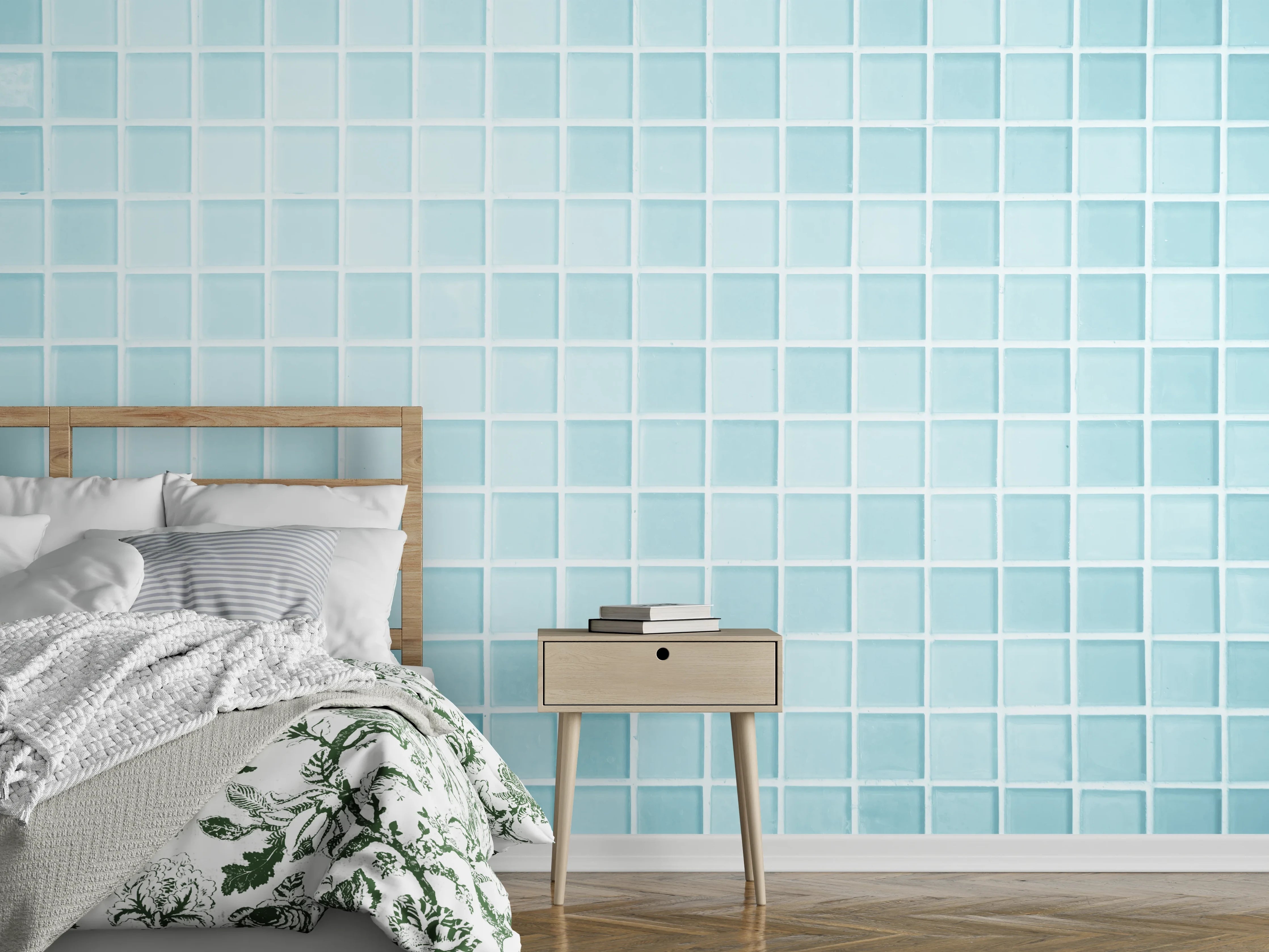 Wandverkleidung Schlafzimmer - Hellblaue Mosaikfliesen Wand Wohnzimmer