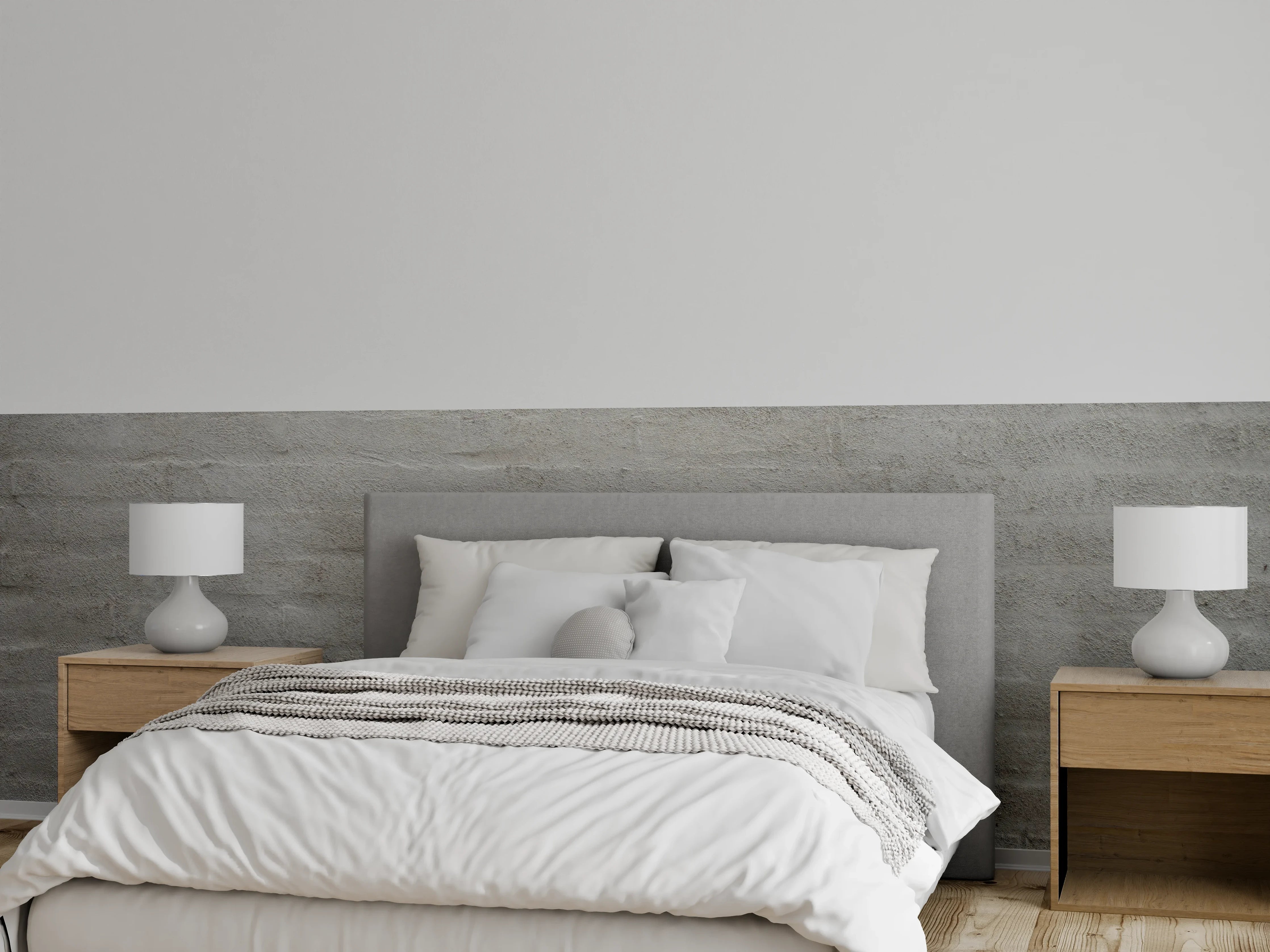 Wandverkleidung Schlafzimmer - Helle Backsteinwand in sanftem Grau
