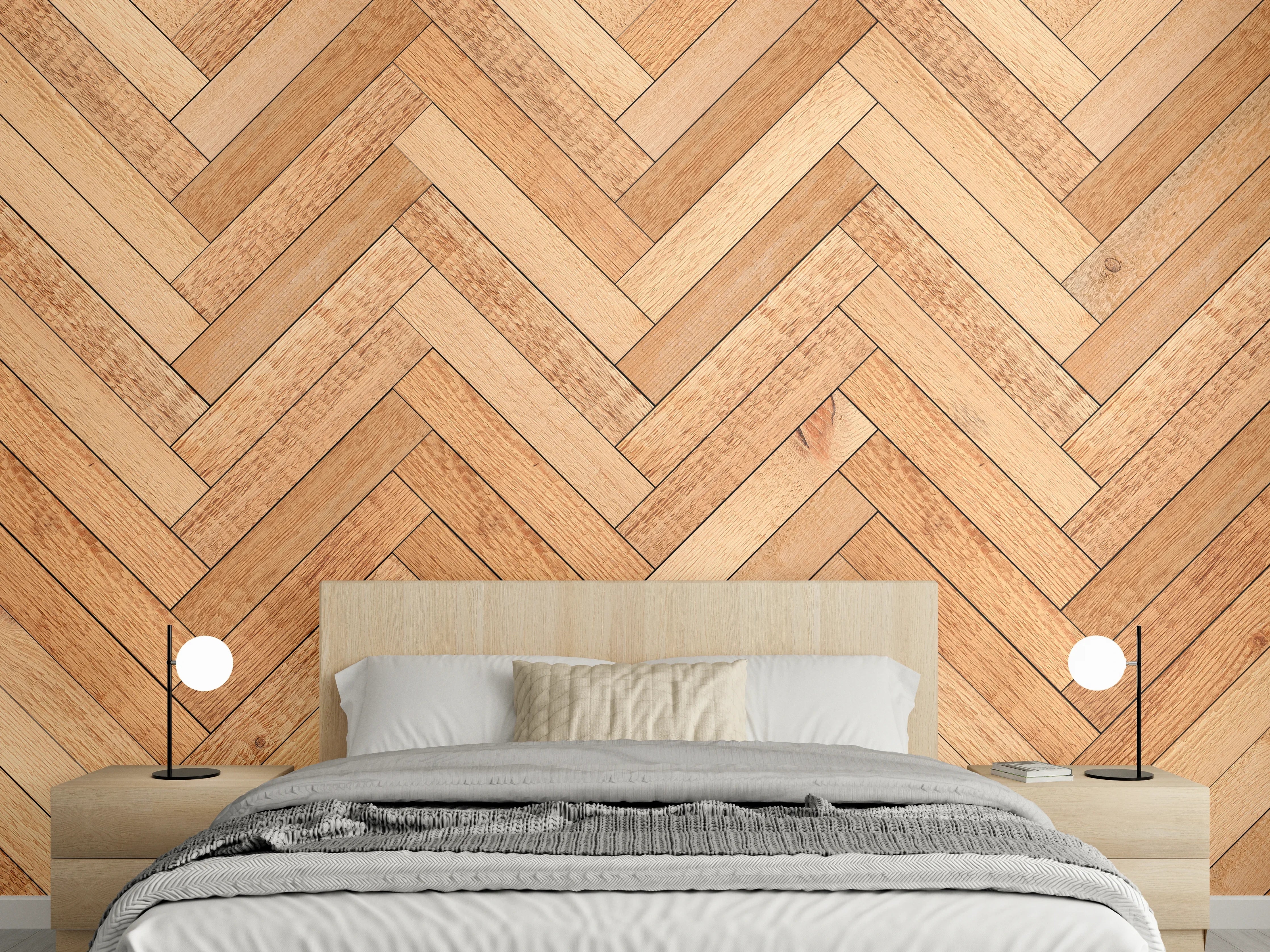 Wandverkleidung Schlafzimmer - Helle Holzparkett mit Chevron-Muster