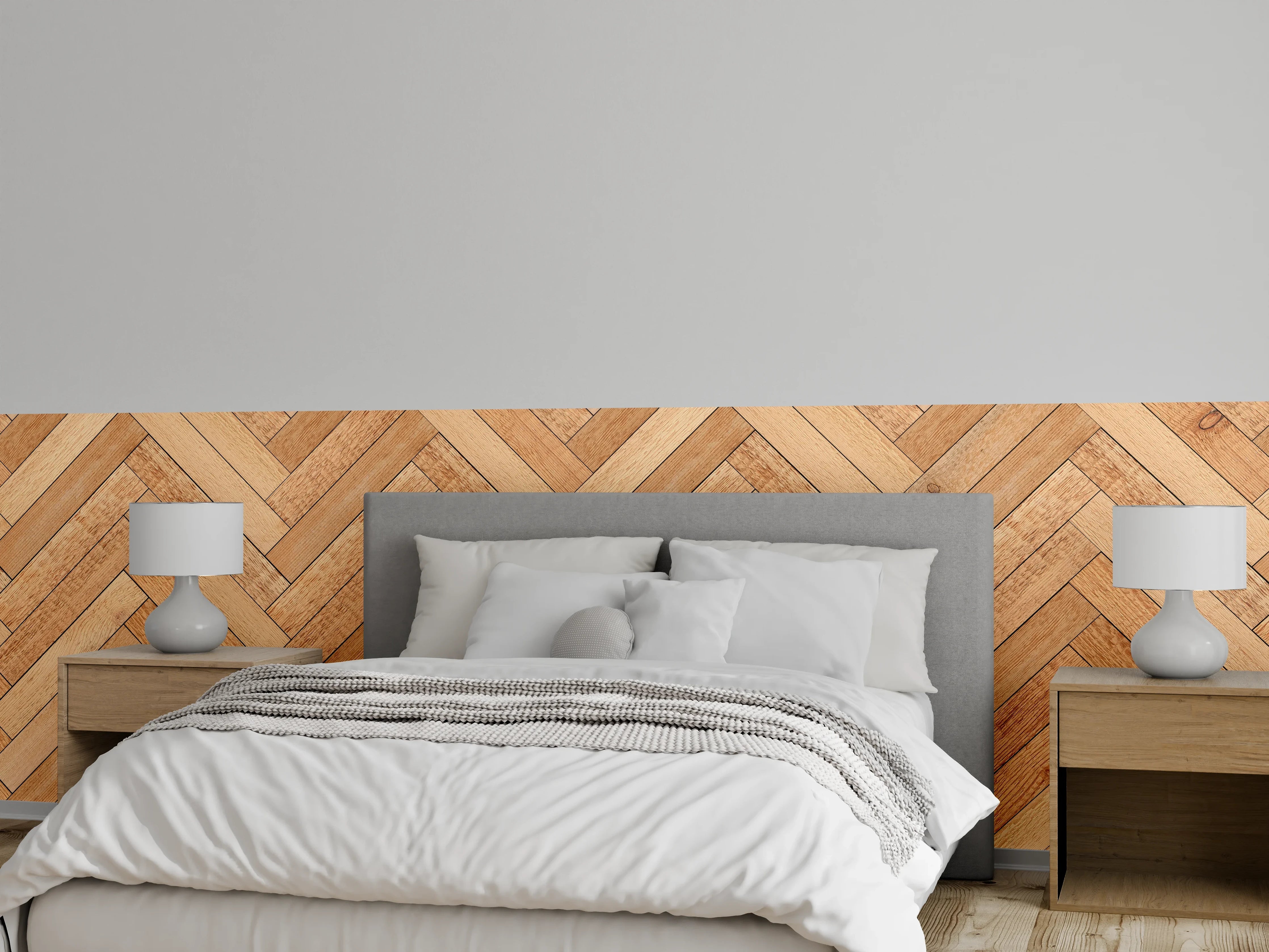 Wandverkleidung Schlafzimmer - Helle Holzparkett mit Chevron-Muster