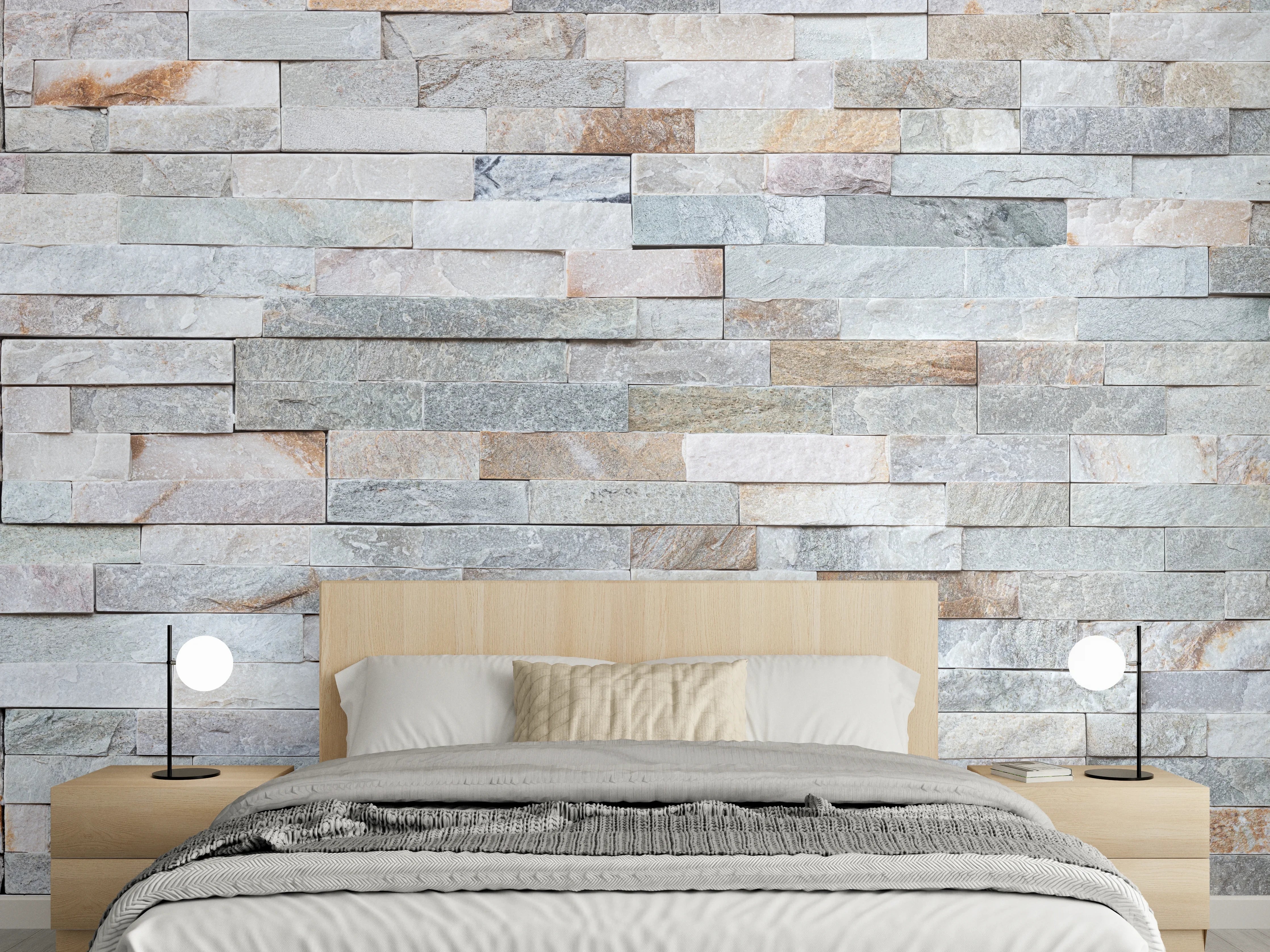 Wandverkleidung Schlafzimmer - Helle Natursteinmauer in Grautönen