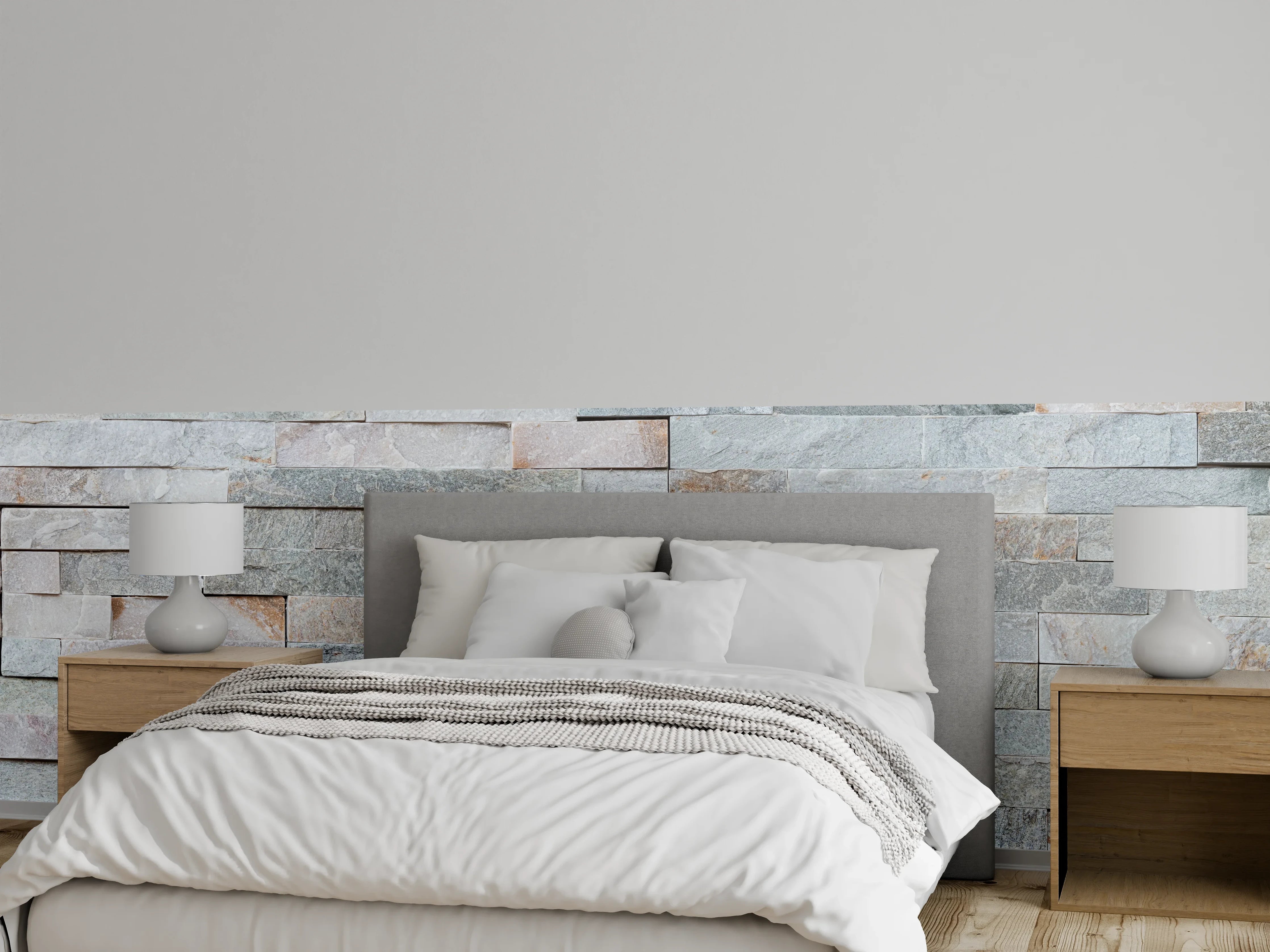 Wandverkleidung Schlafzimmer - Helle Natursteinmauer in Grautönen