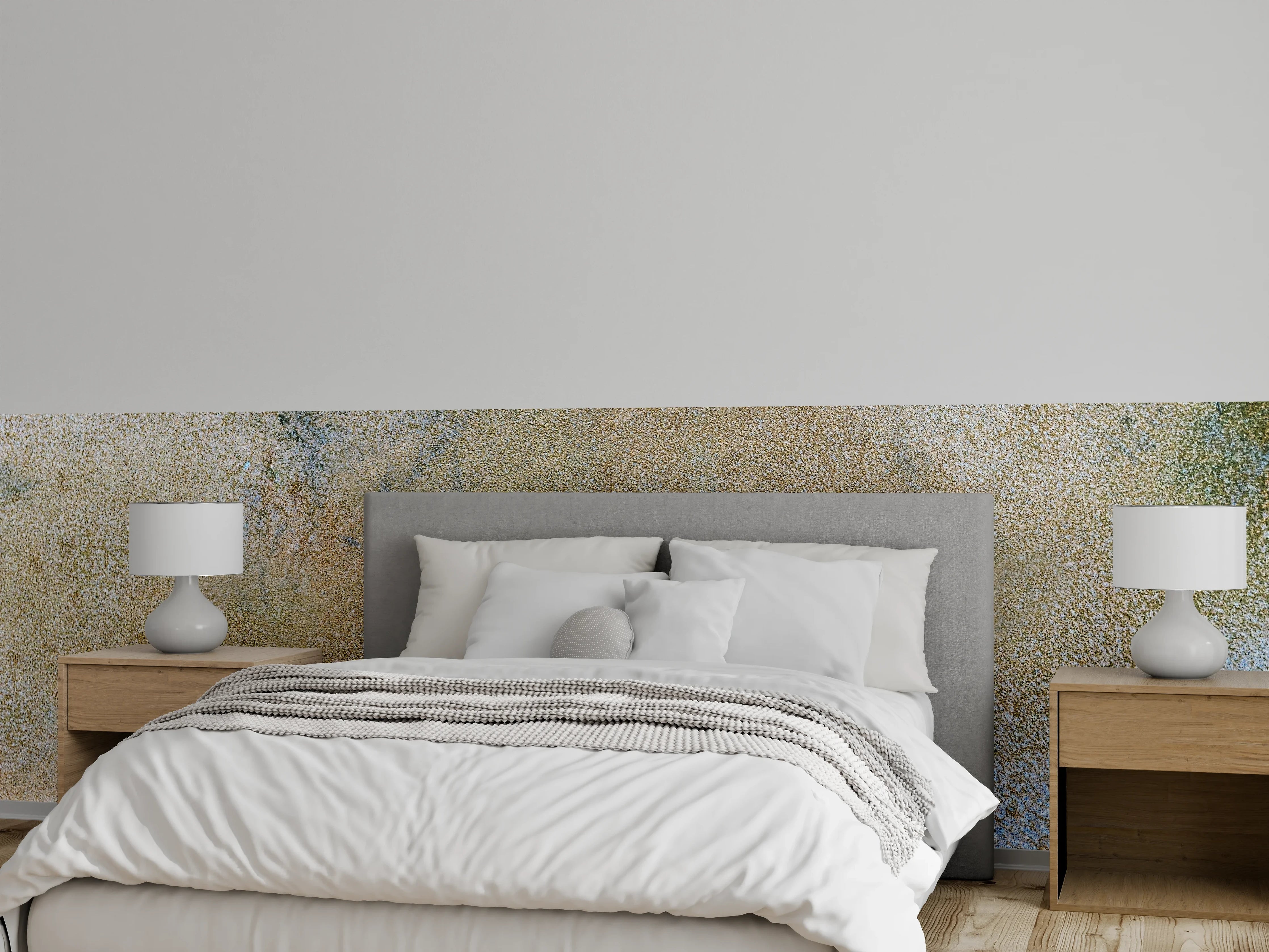 Wandverkleidung Schlafzimmer - Helle Sandsteinoptik mit sanften Linien