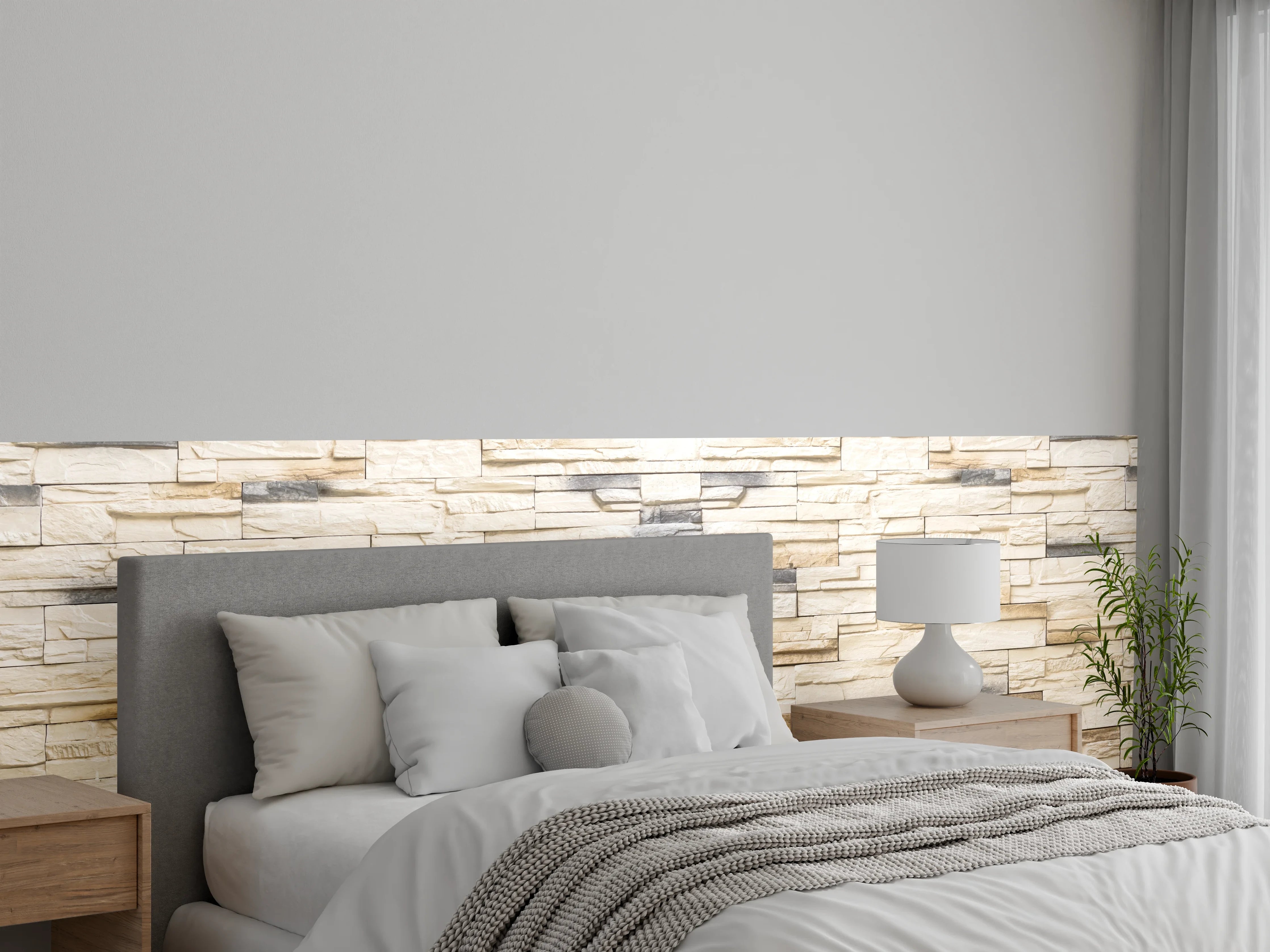 Wandverkleidung Schlafzimmer - Helle Steinwand mit Naturstein-Optik