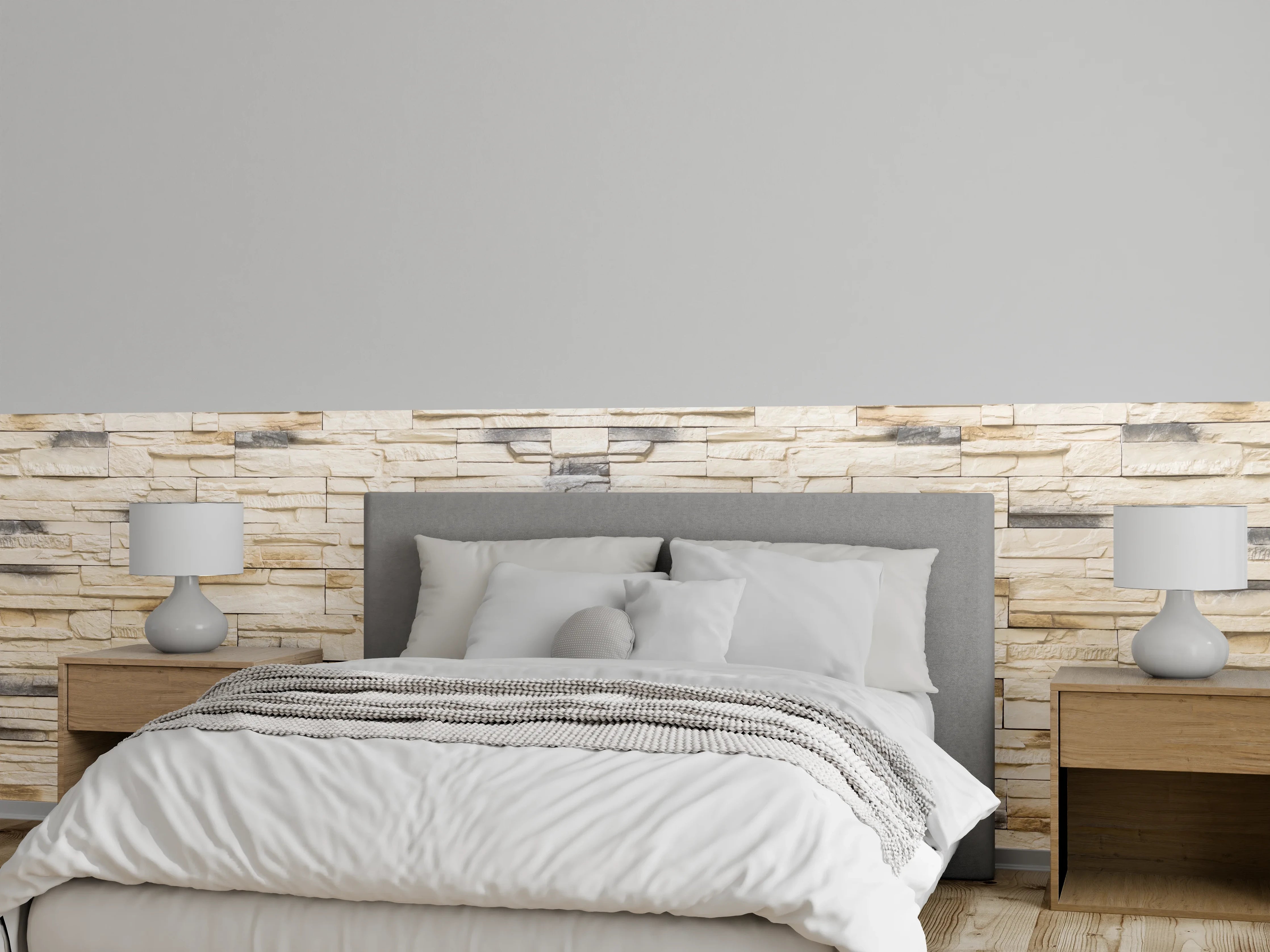 Wandverkleidung Schlafzimmer - Helle Steinwand mit Naturstein-Optik