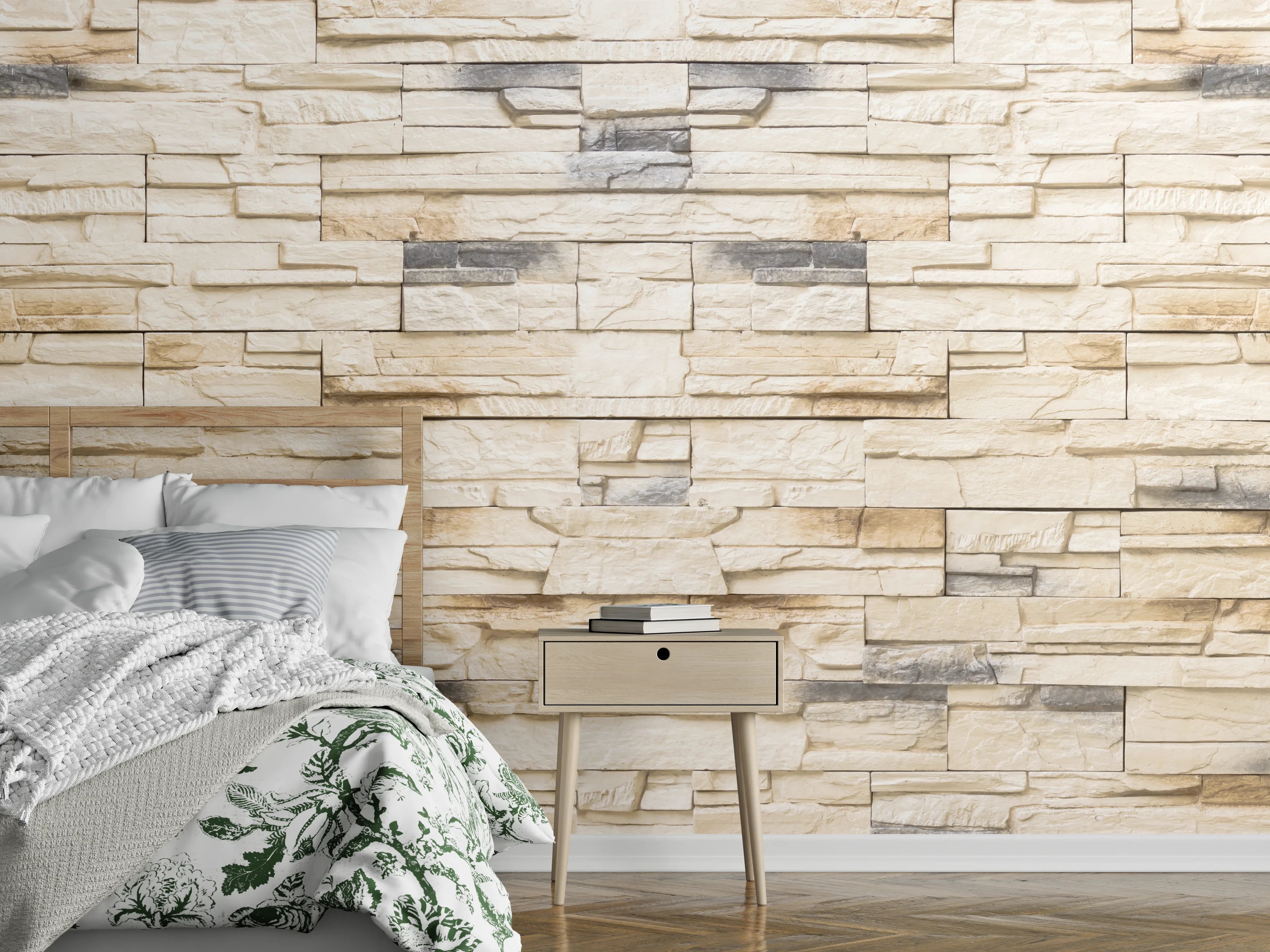 Wandverkleidung Schlafzimmer - Helle Steinwand mit Naturstein-Optik