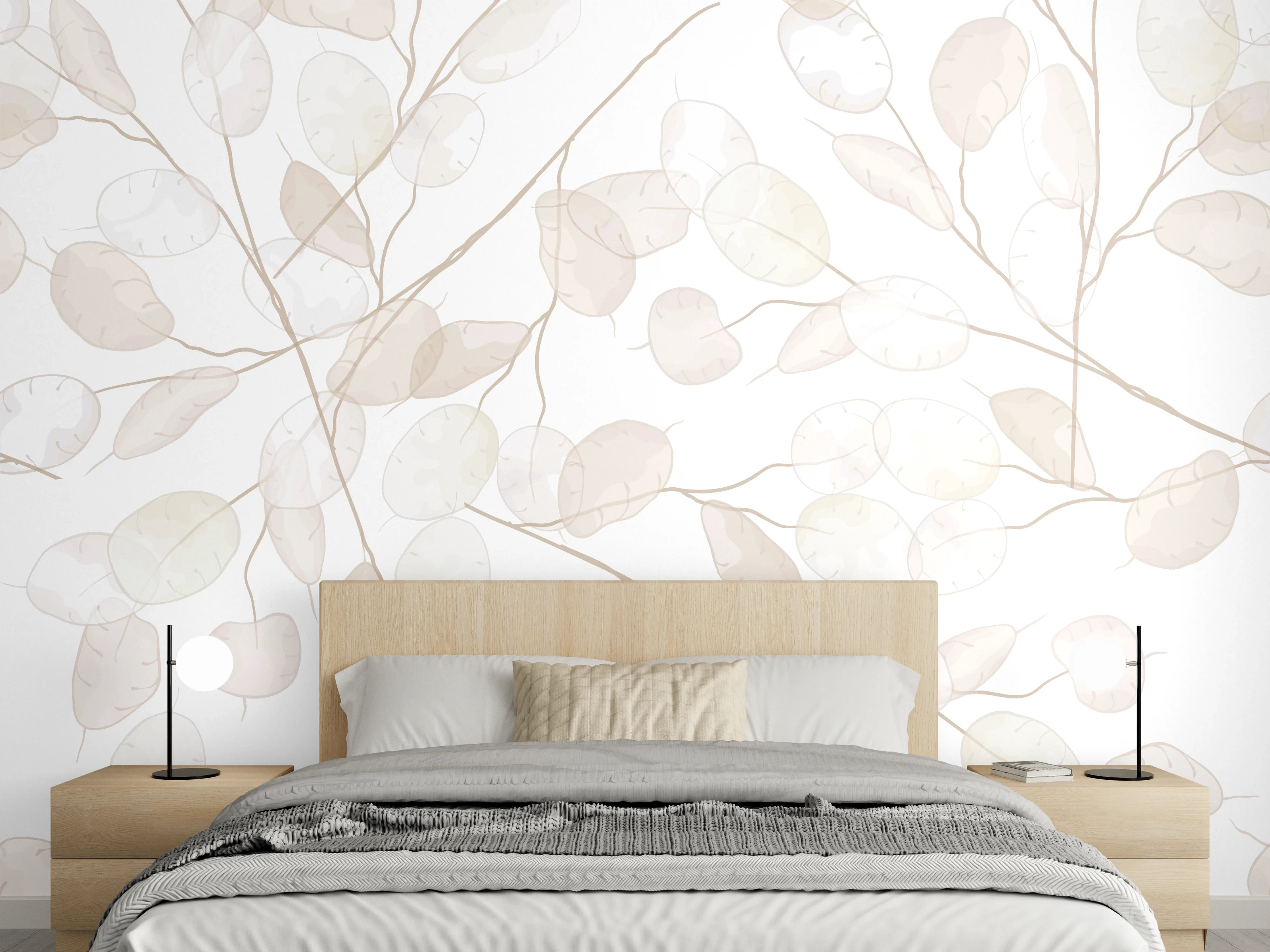 Wandverkleidung Schlafzimmer - Helle, elegante Blätter-Design Wandtapete
