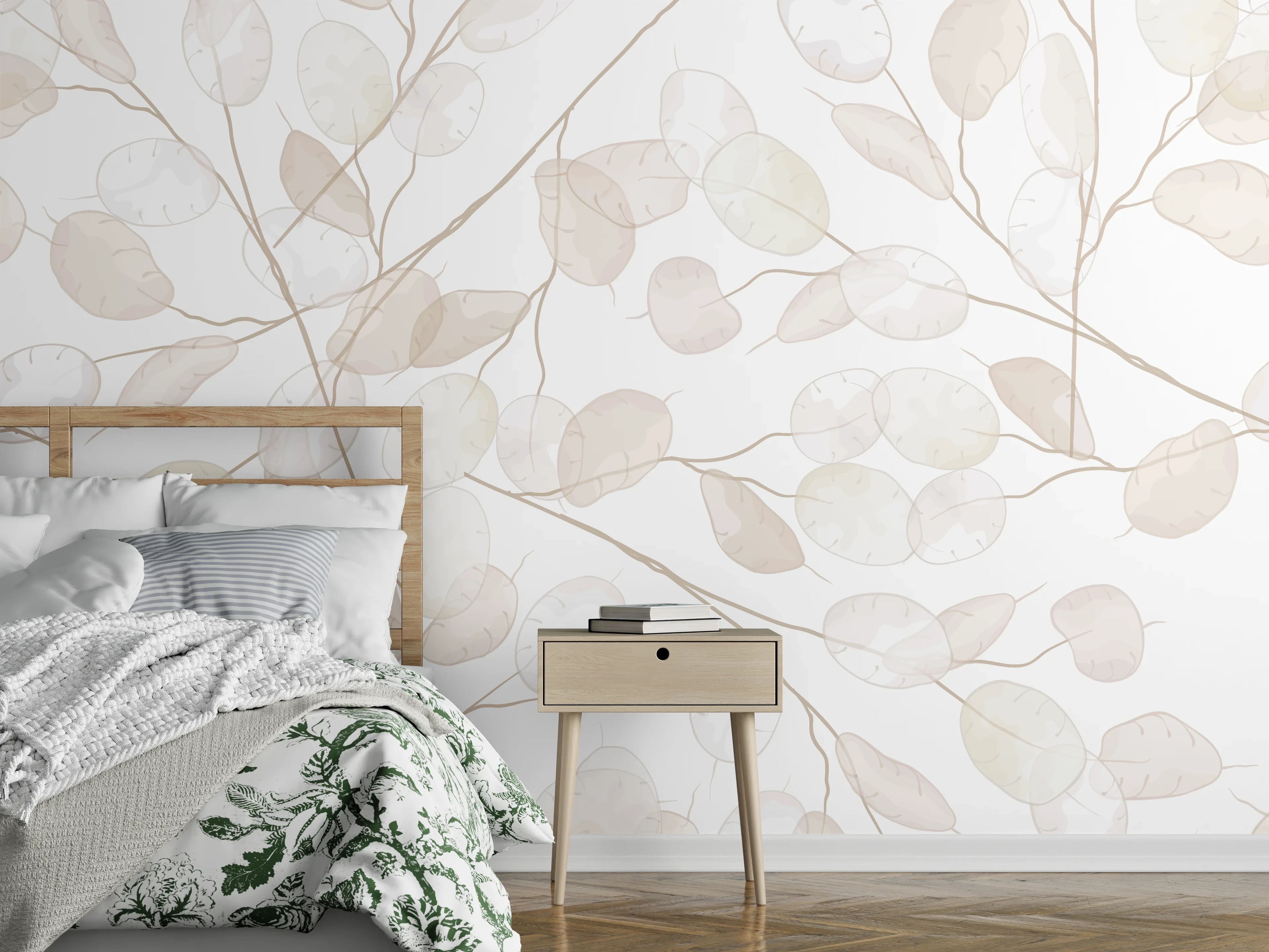 Wandverkleidung Schlafzimmer - Helle, elegante Blätter-Design Wandtapete