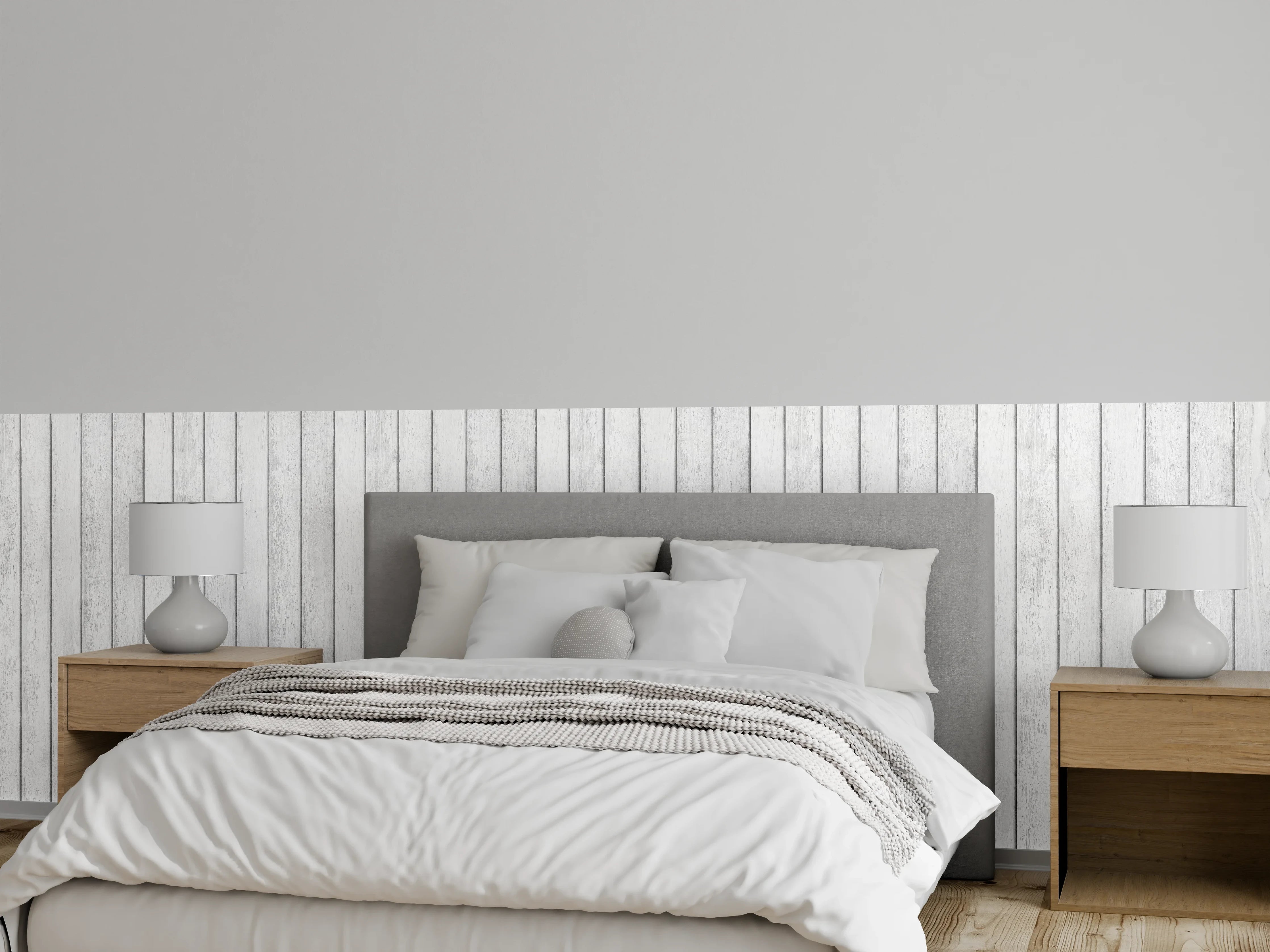 Wandverkleidung Schlafzimmer - Heller Holzvertäfelung mit grauen Nuancen