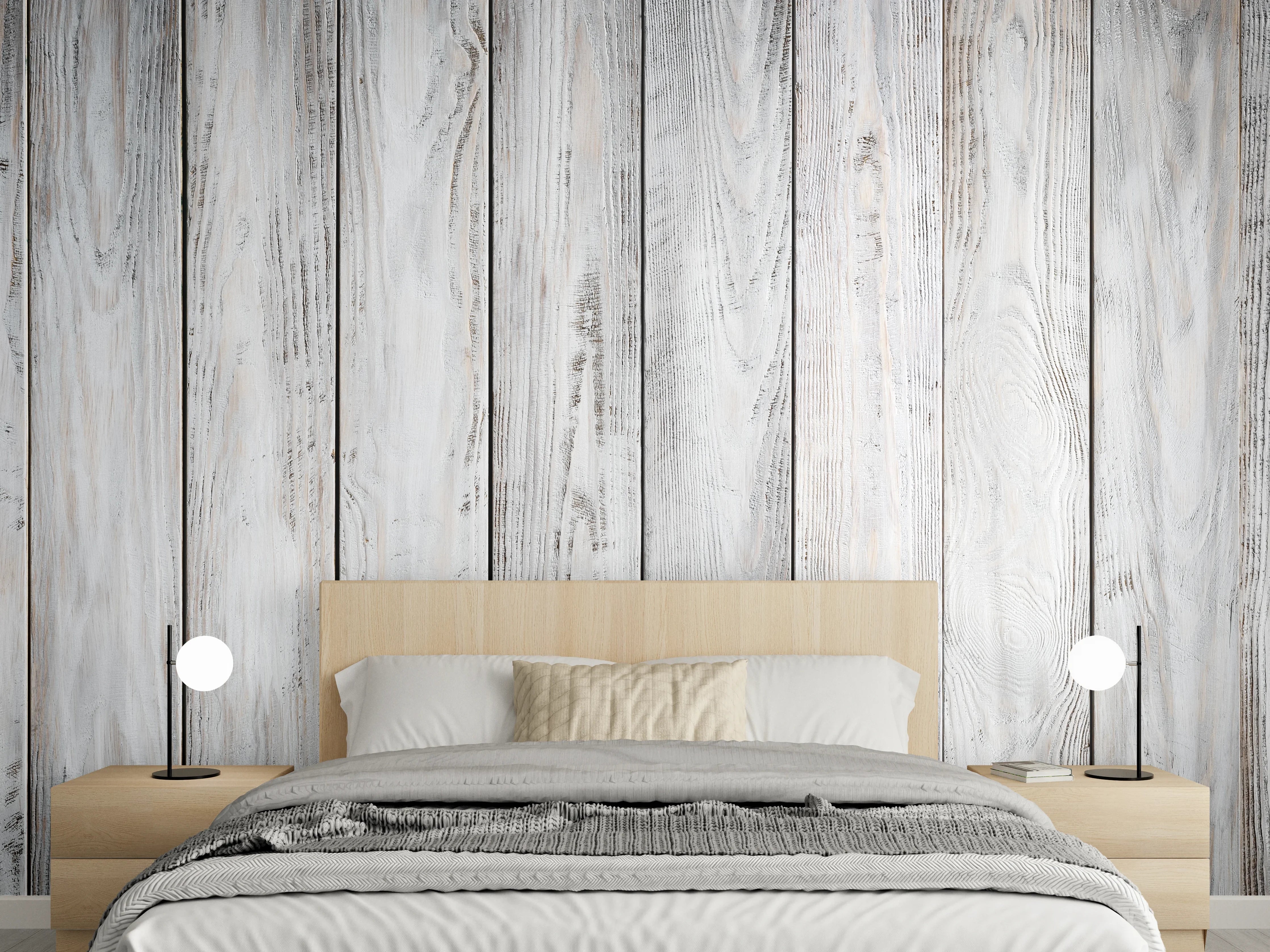 Wandverkleidung Schlafzimmer - Helles Holzpaneel mit weißer Optik