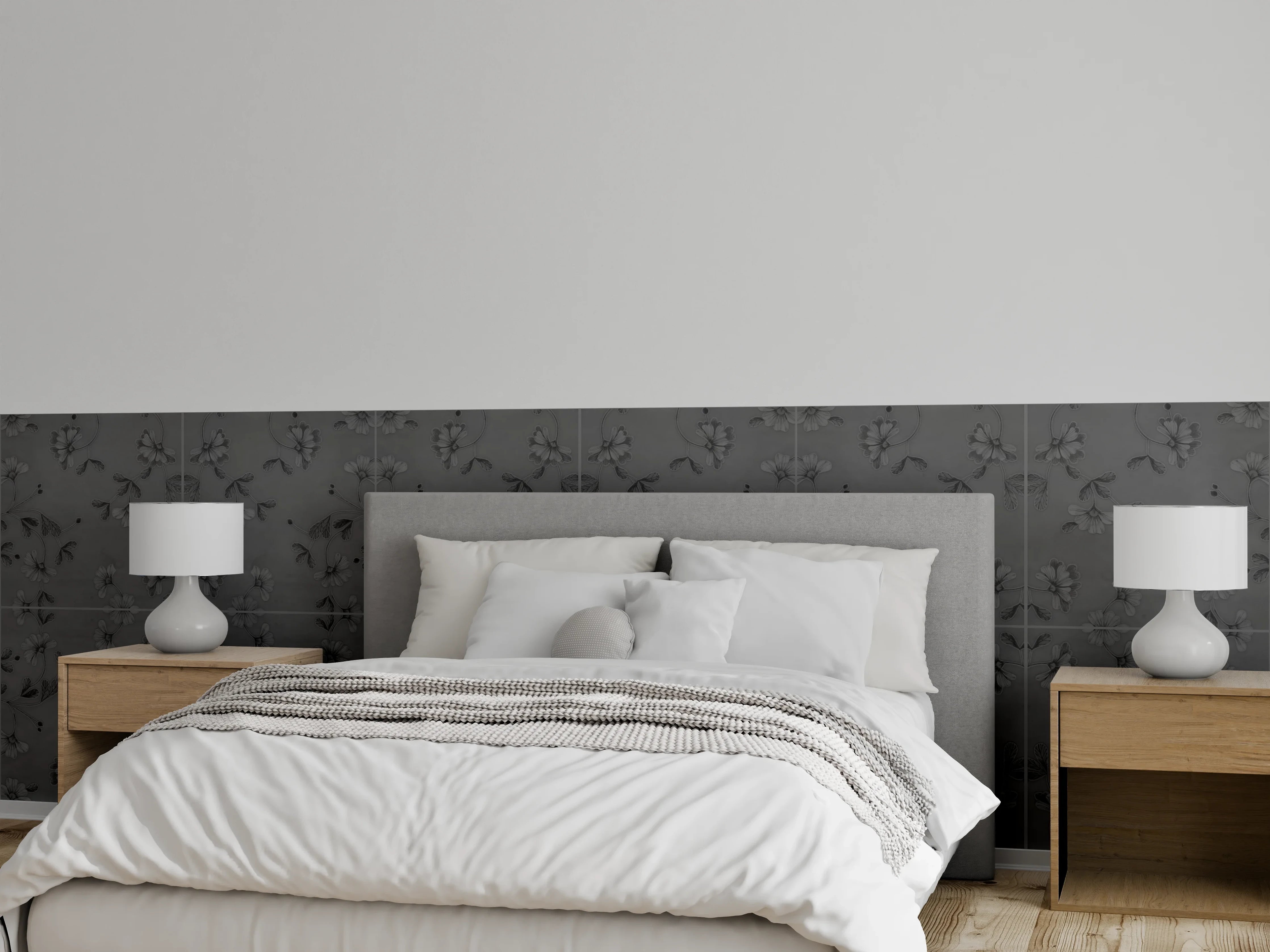 Wandverkleidung Schlafzimmer - Hellgraue blumenförmige Fliesen