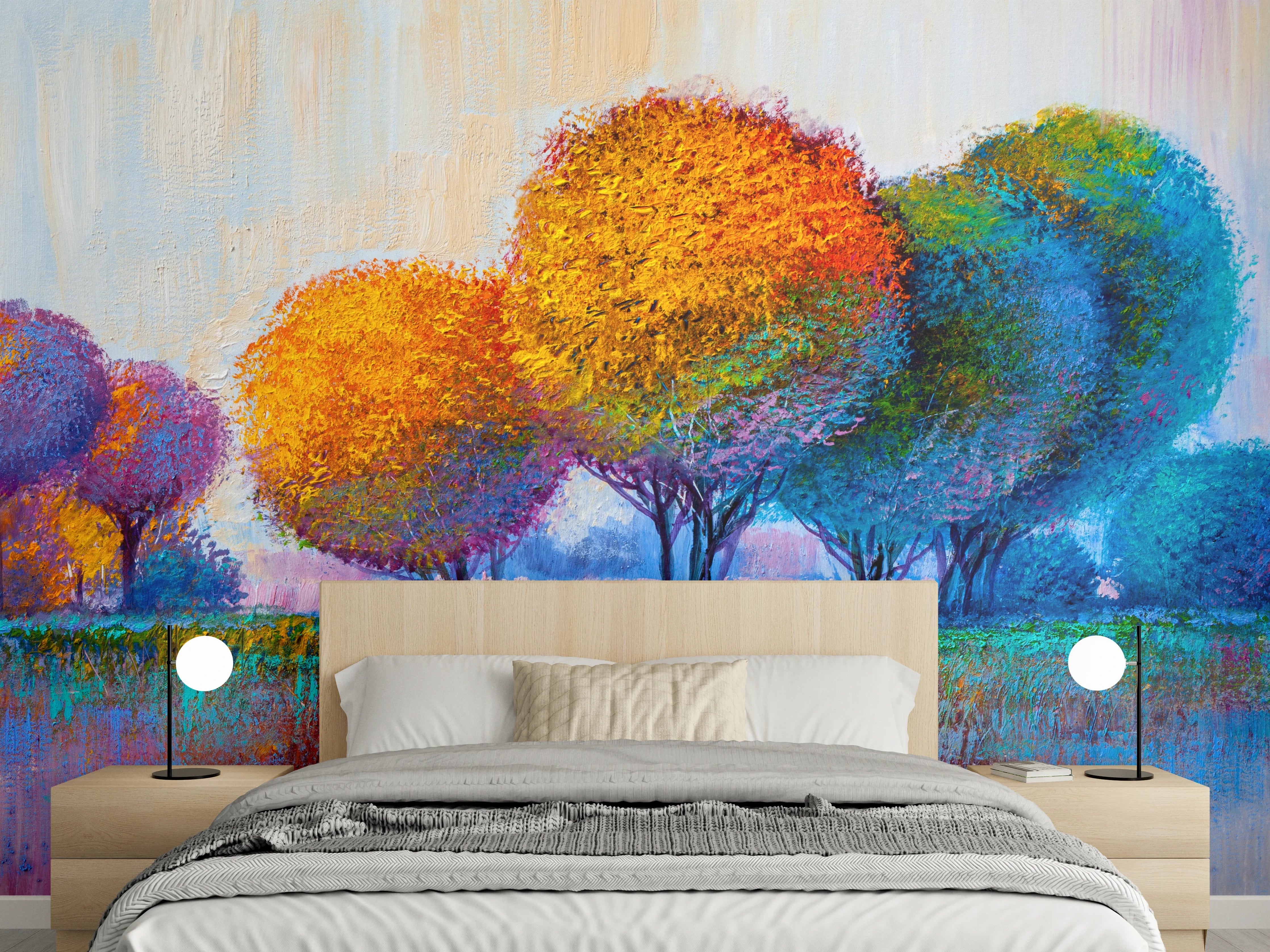 Wandverkleidung Schlafzimmer - Herbstbunte Bäume in moderner Malerei