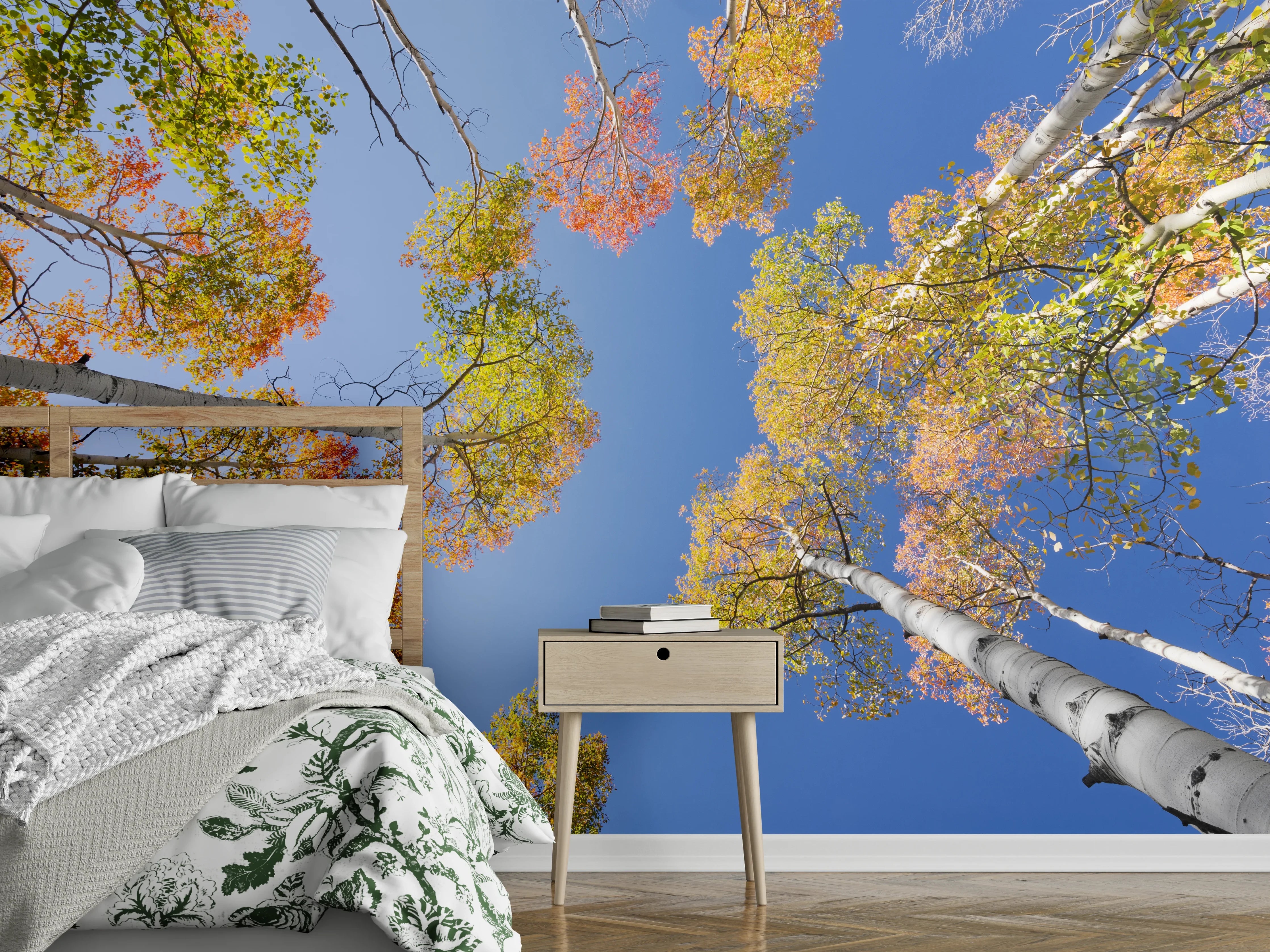 Wandverkleidung Schlafzimmer - Herbstliche Baumkronen unter blauem Himmel