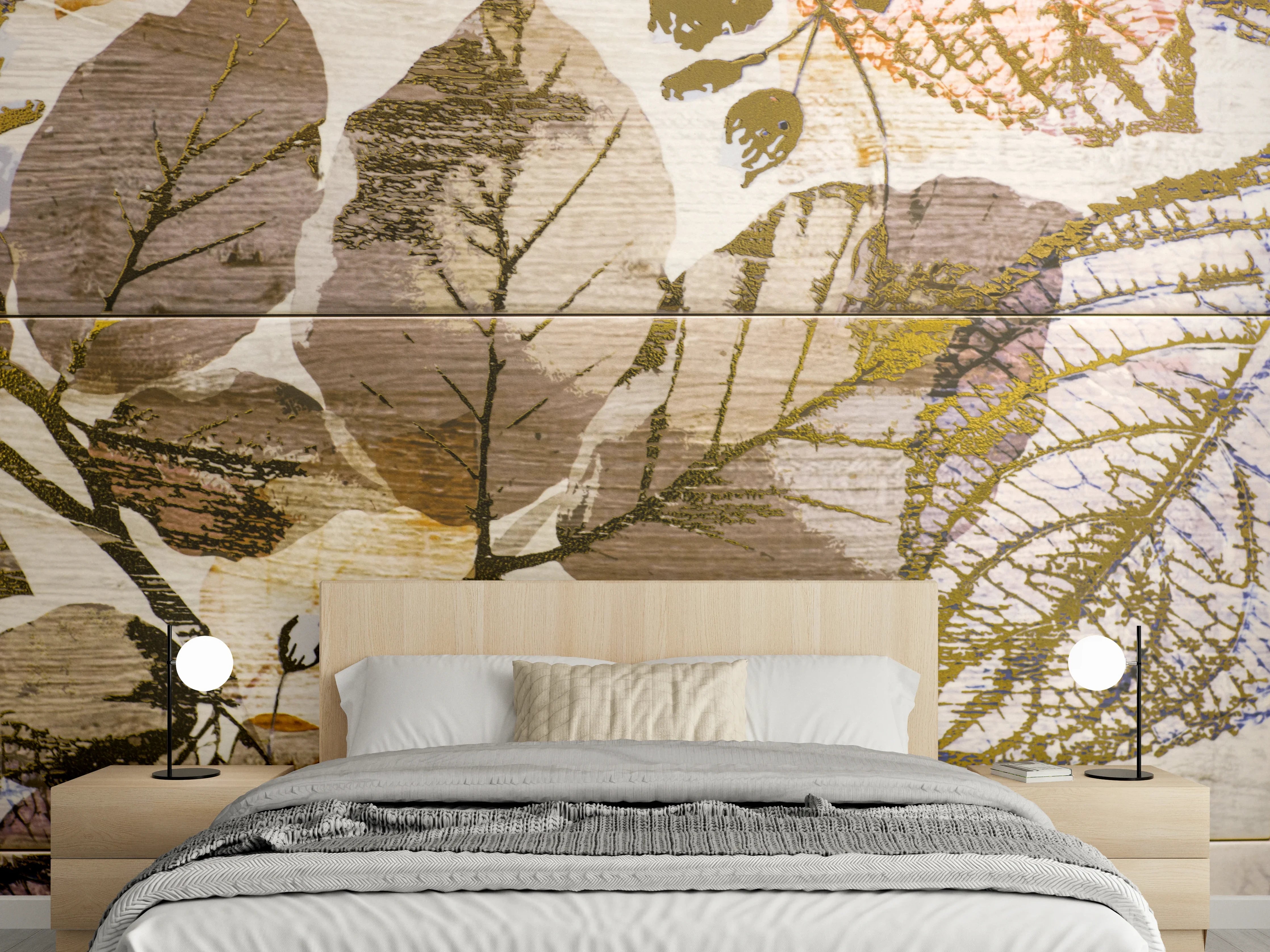 Wandverkleidung Schlafzimmer - Herbstliche Blätterkunst auf Holz