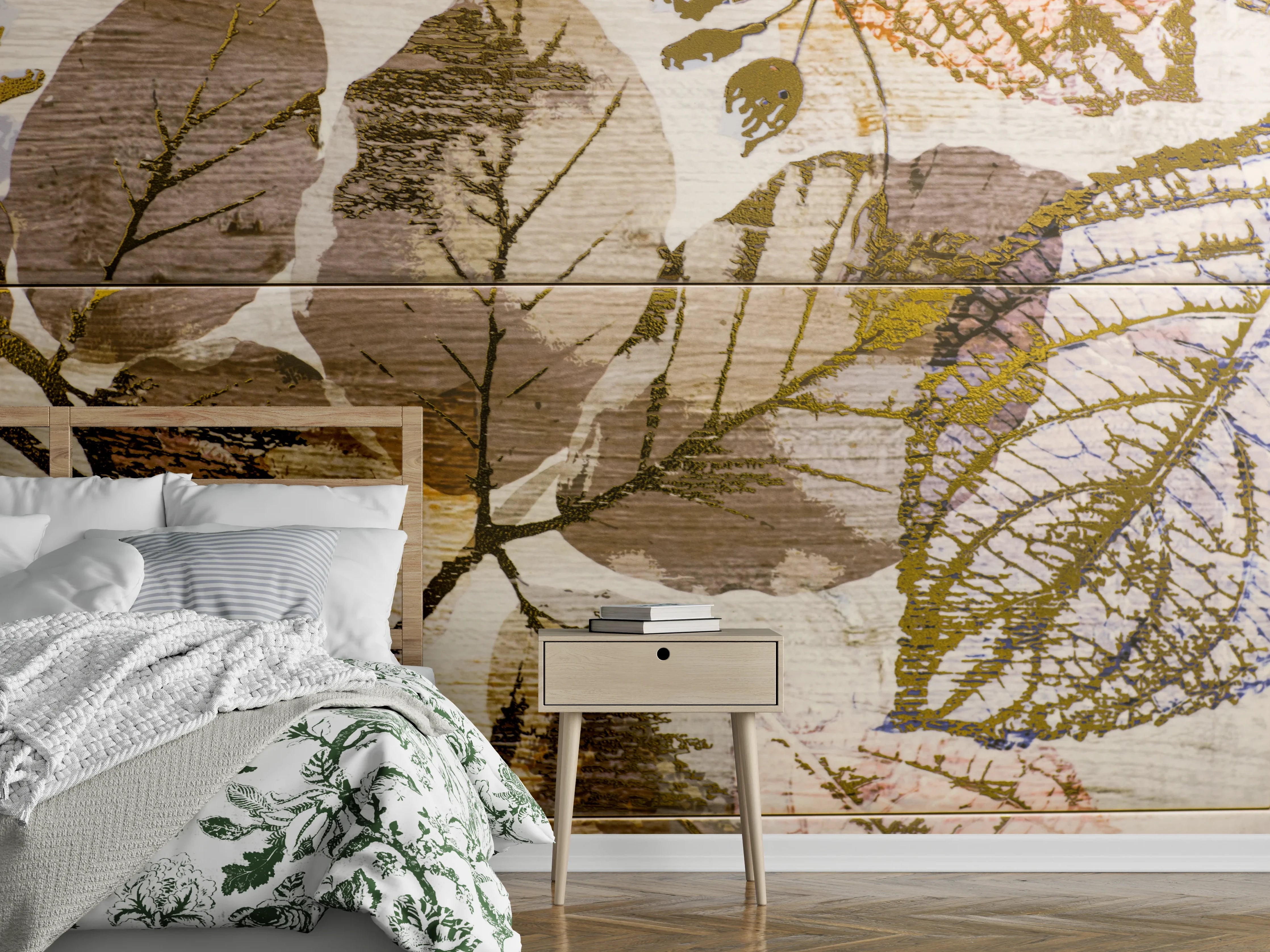 Wandverkleidung Schlafzimmer - Herbstliche Blätterkunst auf Holz