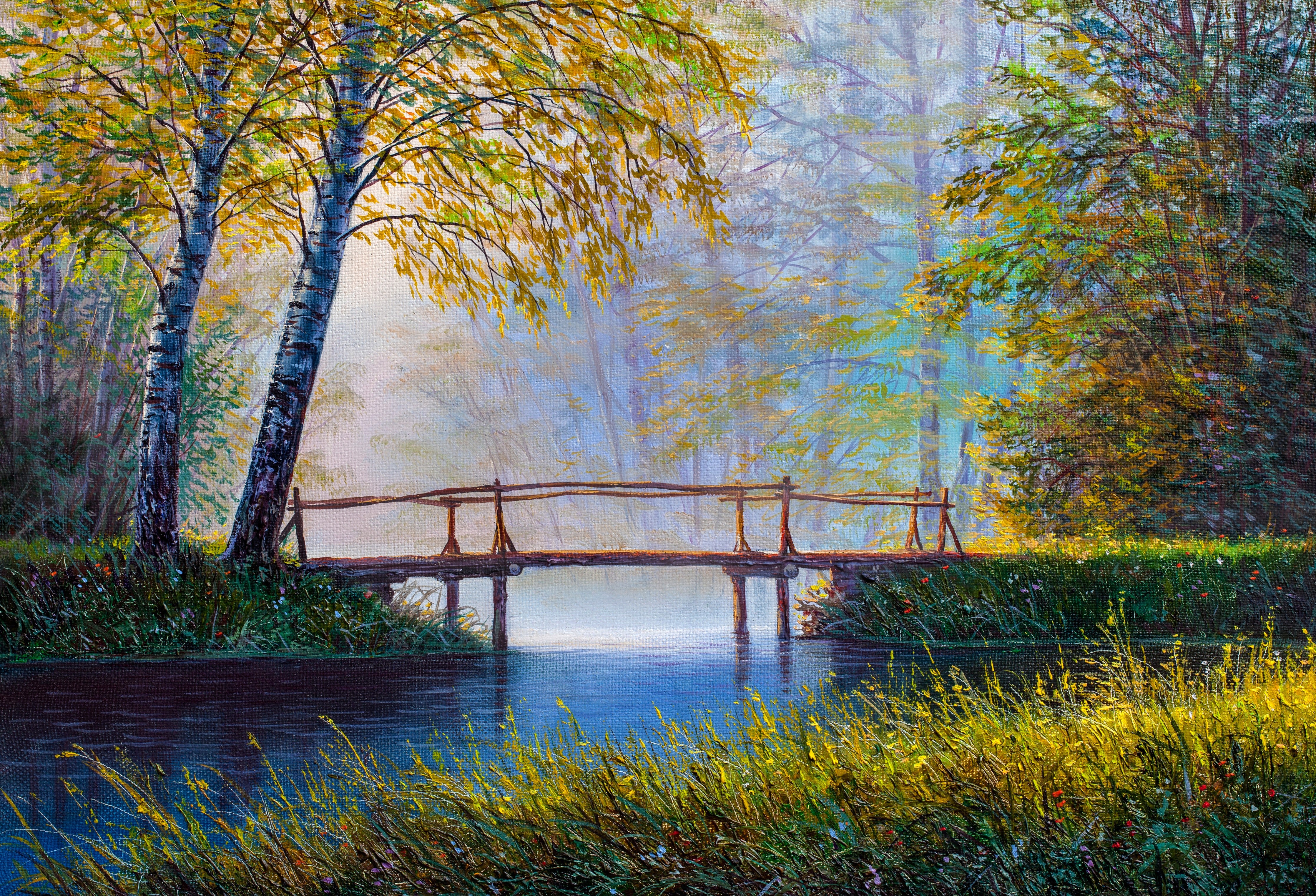 Wandverkleidung Schlafzimmer-Herbstliche Brücke am Waldsee
