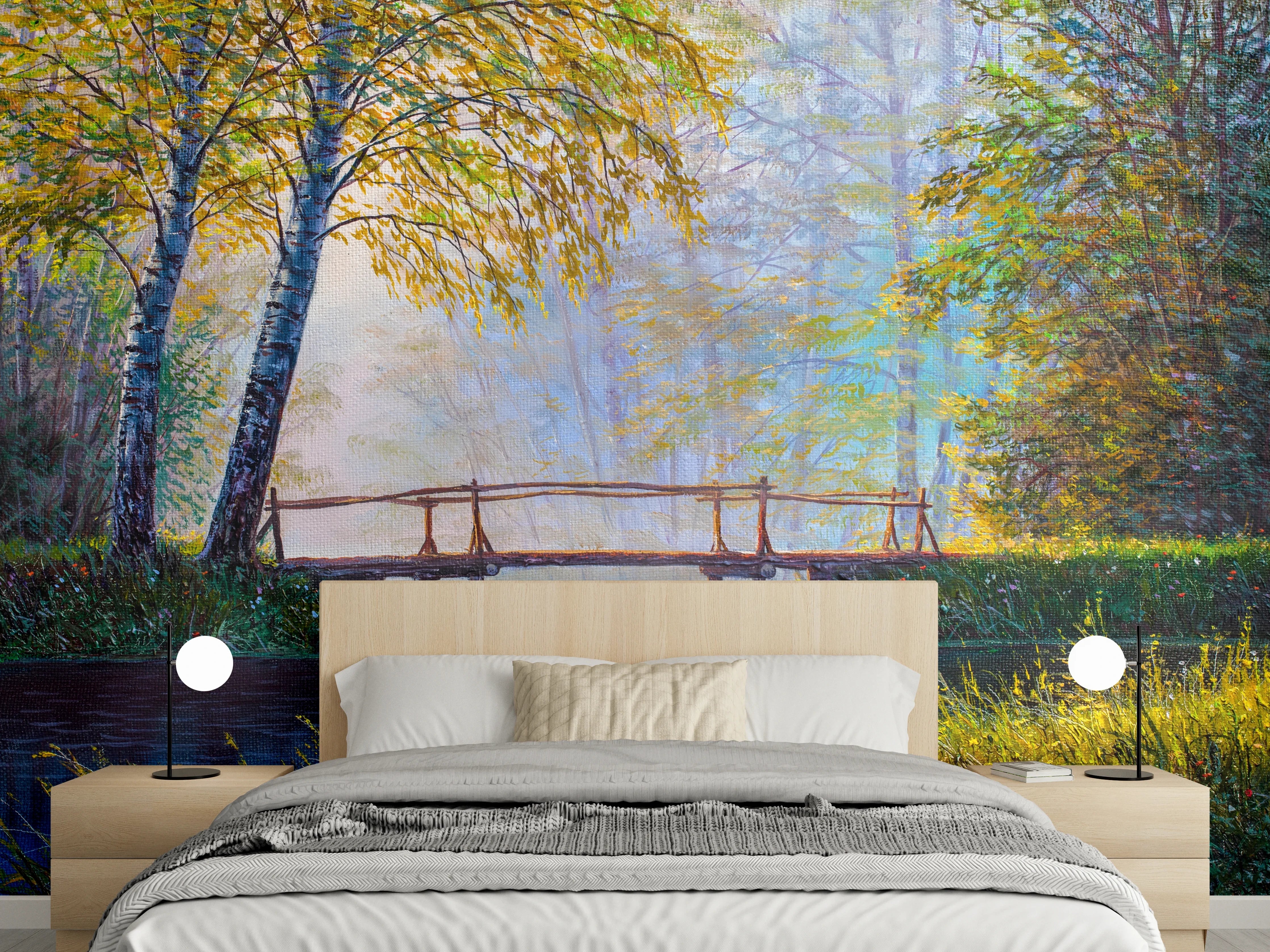 Wandverkleidung Schlafzimmer - Herbstliche Brücke am Waldsee