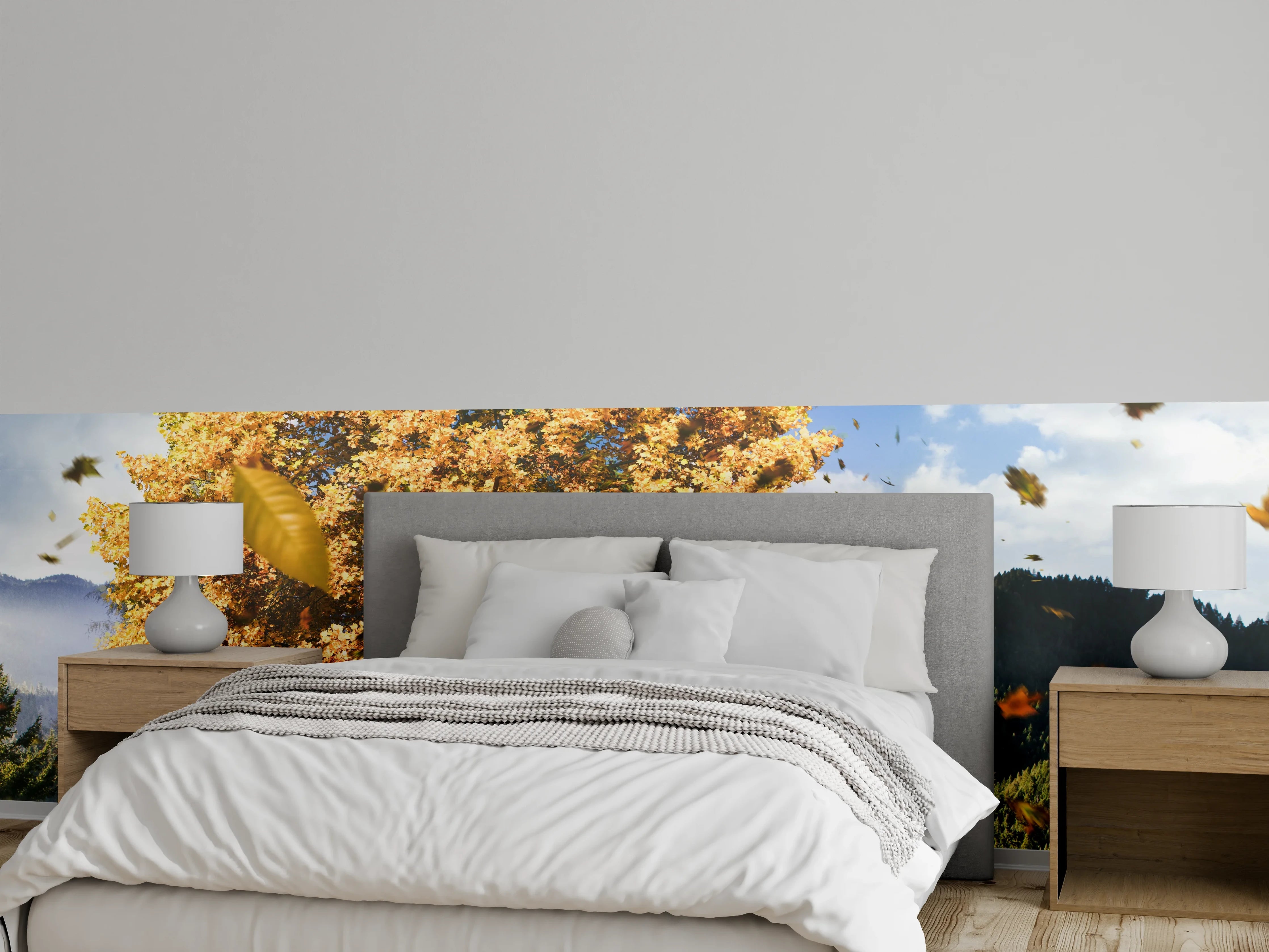Wandverkleidung Schlafzimmer - Herbstlicher Baum im Gebirge Motiv