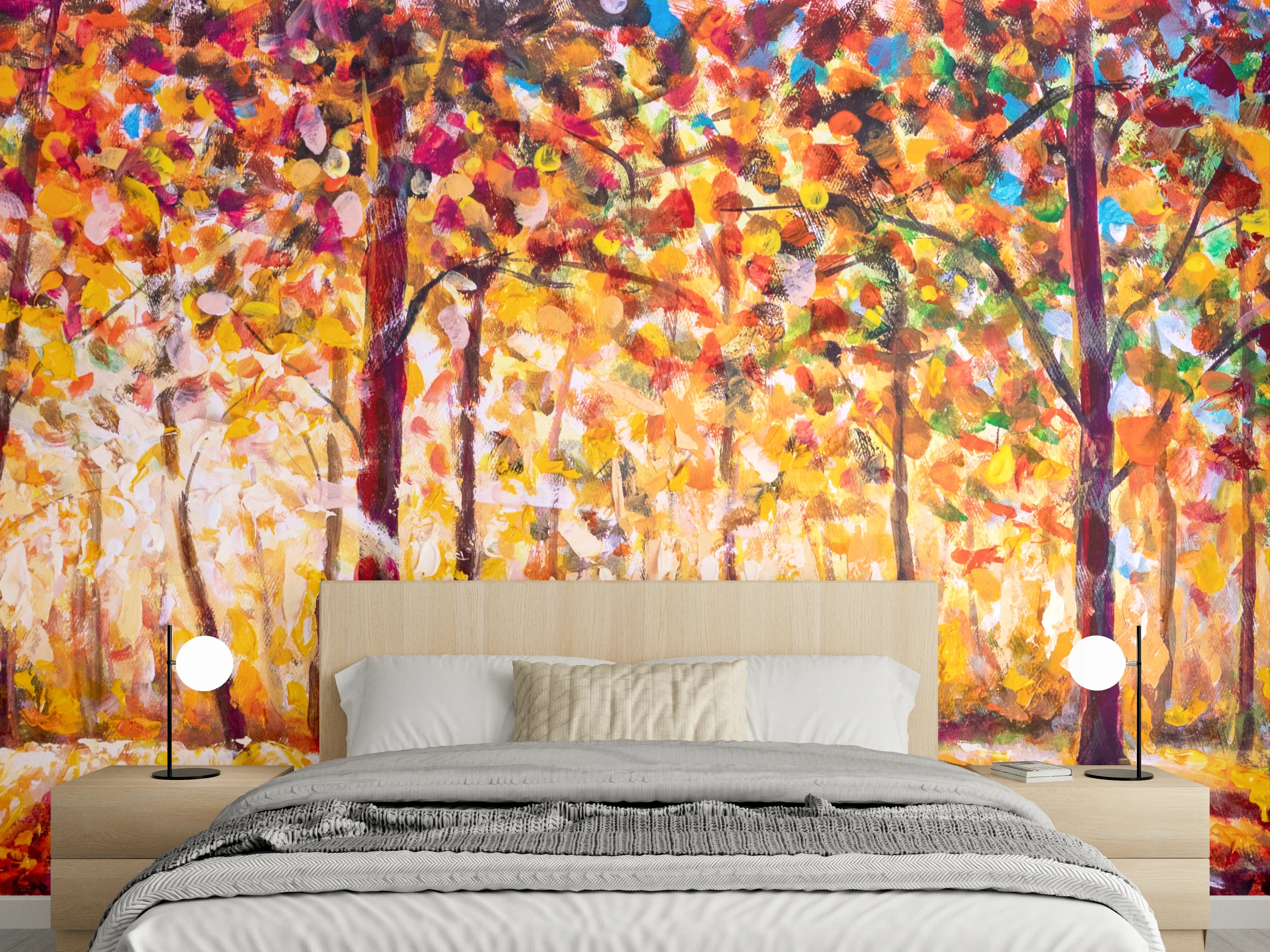 Wandverkleidung Schlafzimmer - Herbstlicher Wald Sonnenstrahlen Malerei