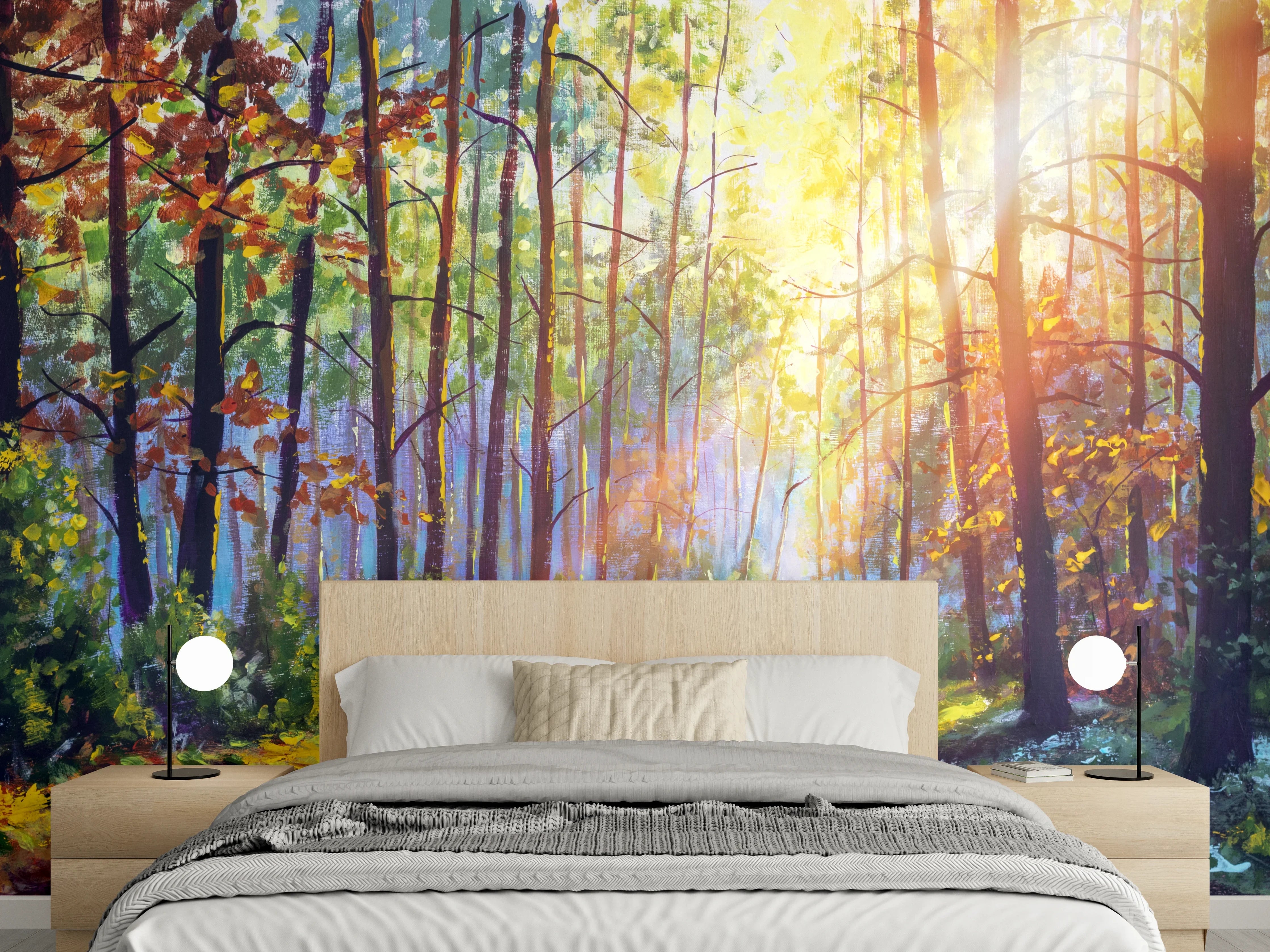 Wandverkleidung Schlafzimmer - Herbstlicher Wald – Sonnenlicht Malerei