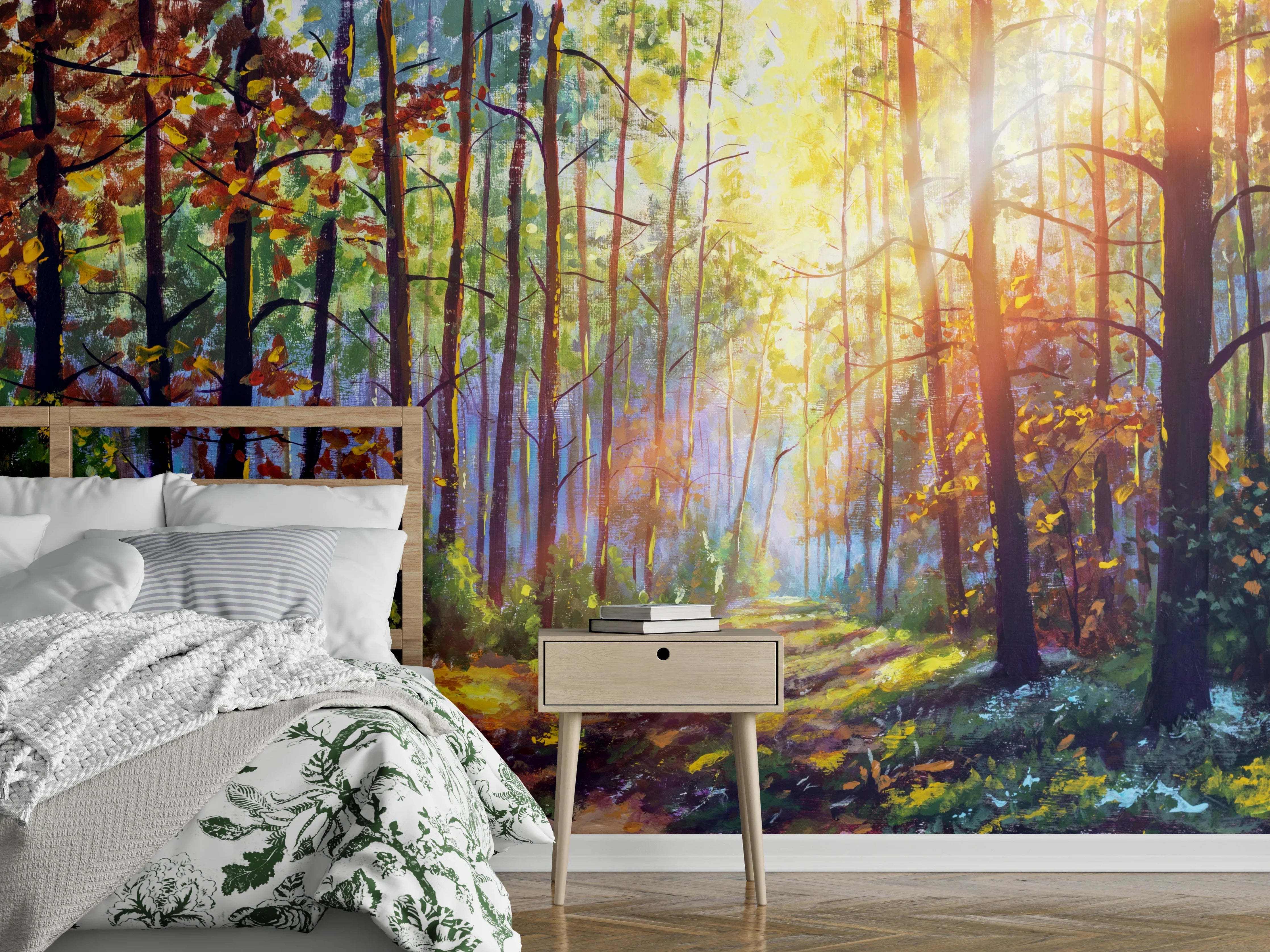 Wandverkleidung Schlafzimmer - Herbstlicher Wald – Sonnenlicht Malerei