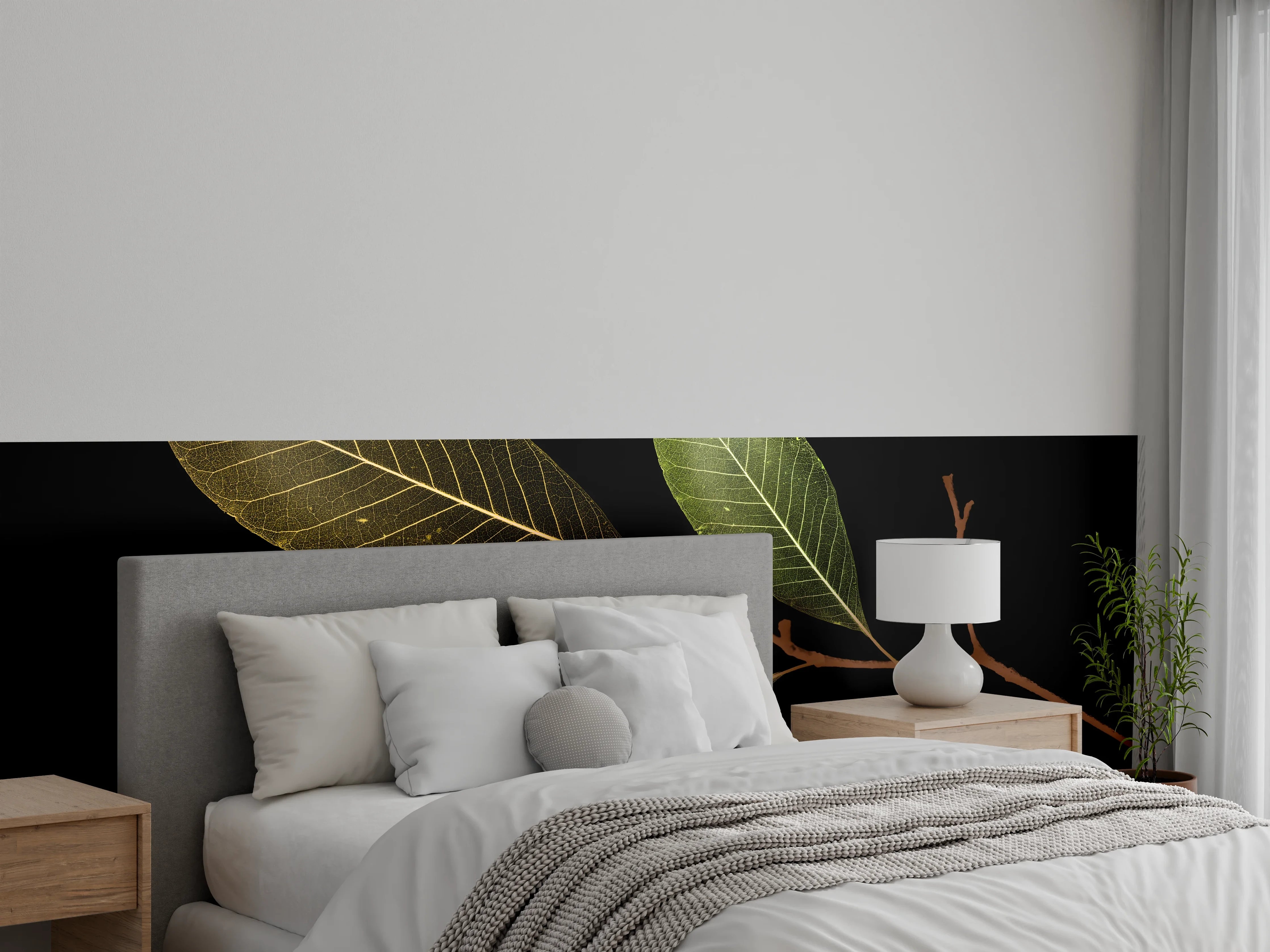 Wandverkleidung Schlafzimmer - Herbstliches Blattmotiv auf Schwarz