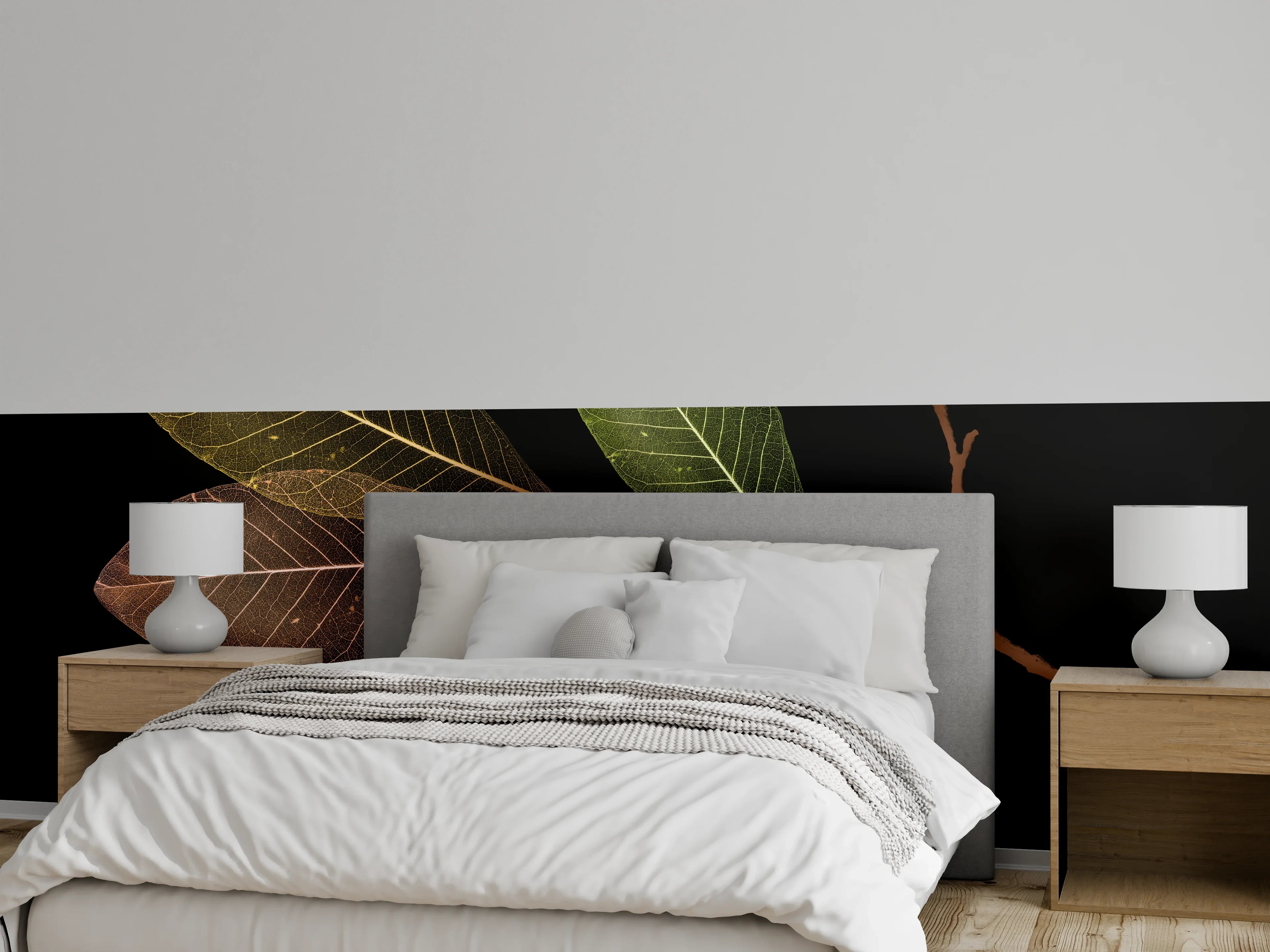 Wandverkleidung Schlafzimmer - Herbstliches Blattmotiv auf Schwarz