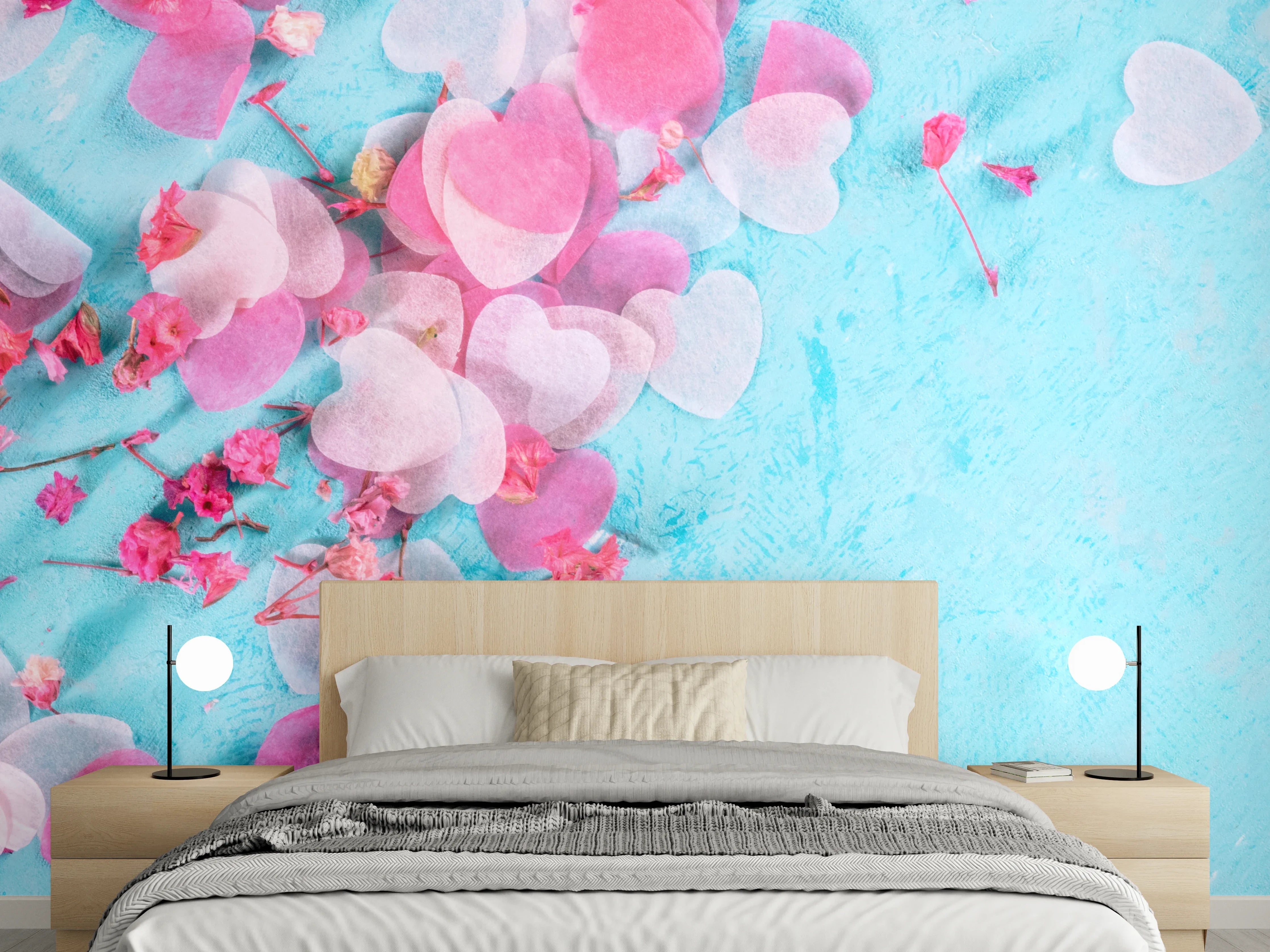 Wandverkleidung Schlafzimmer - Herz-Konfetti auf türkiser Oberfläche