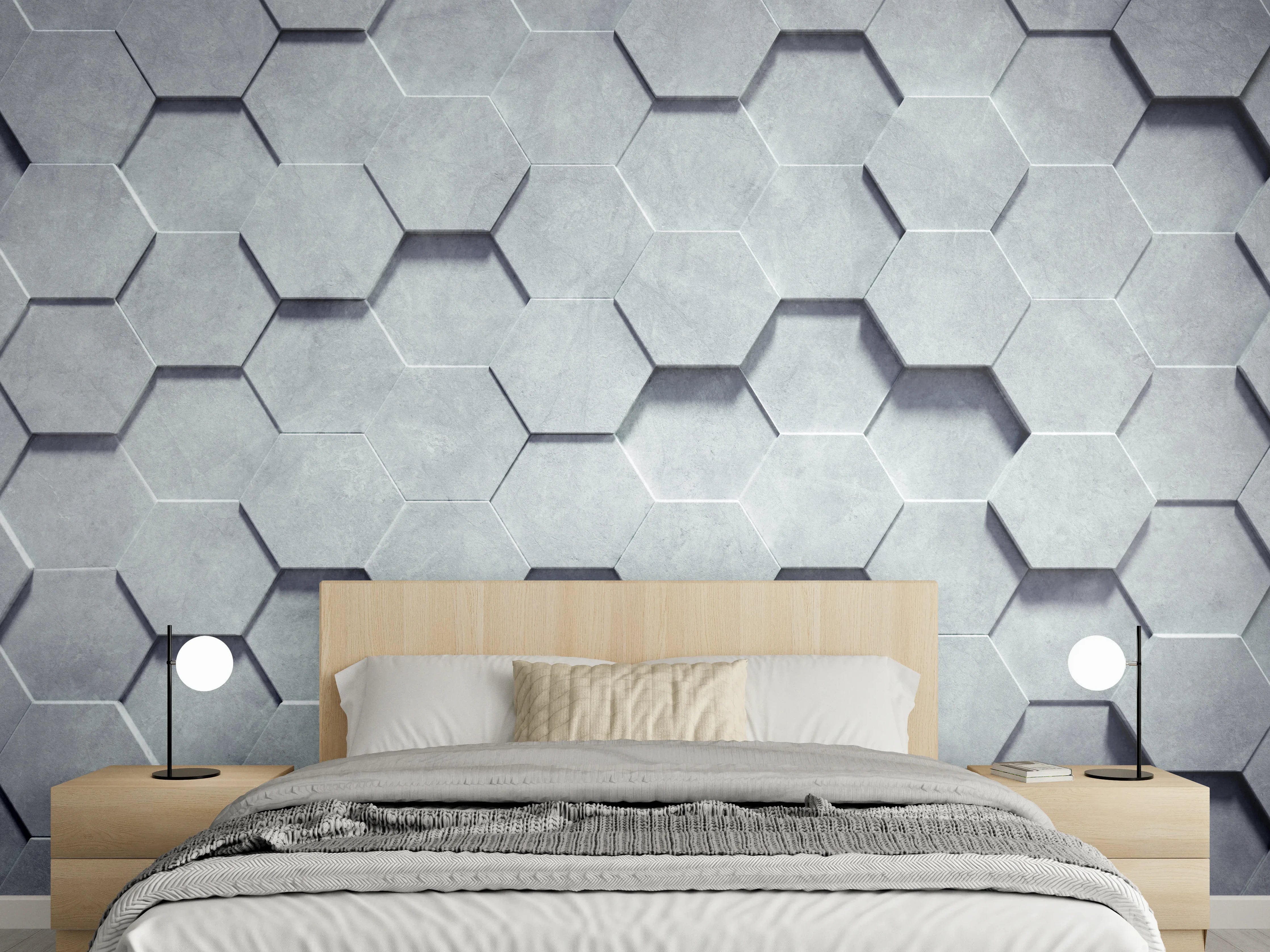 Wandverkleidung Schlafzimmer - Hexagon Betonoptik grau modern