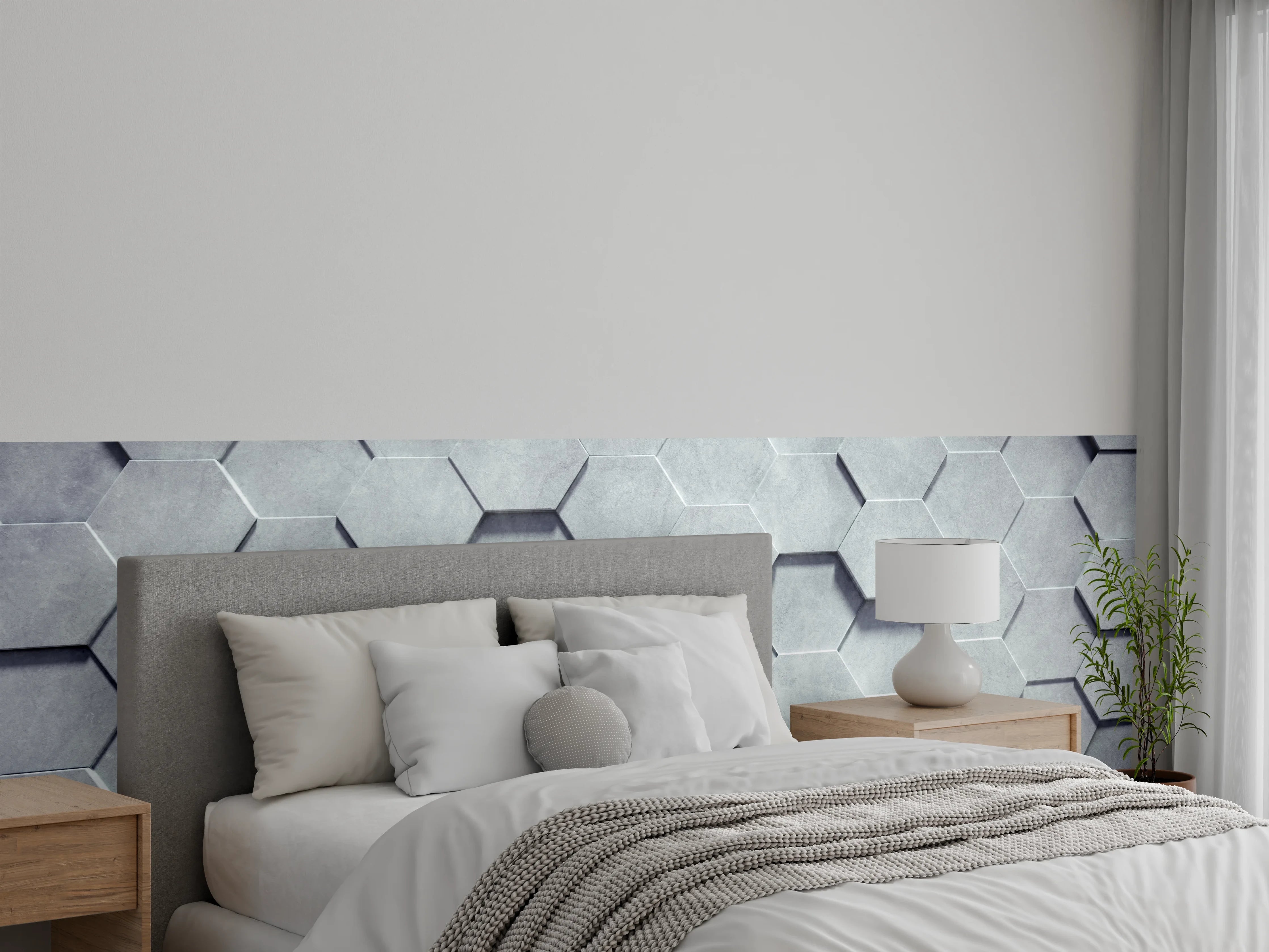 Wandverkleidung Schlafzimmer - Hexagon Betonoptik grau modern