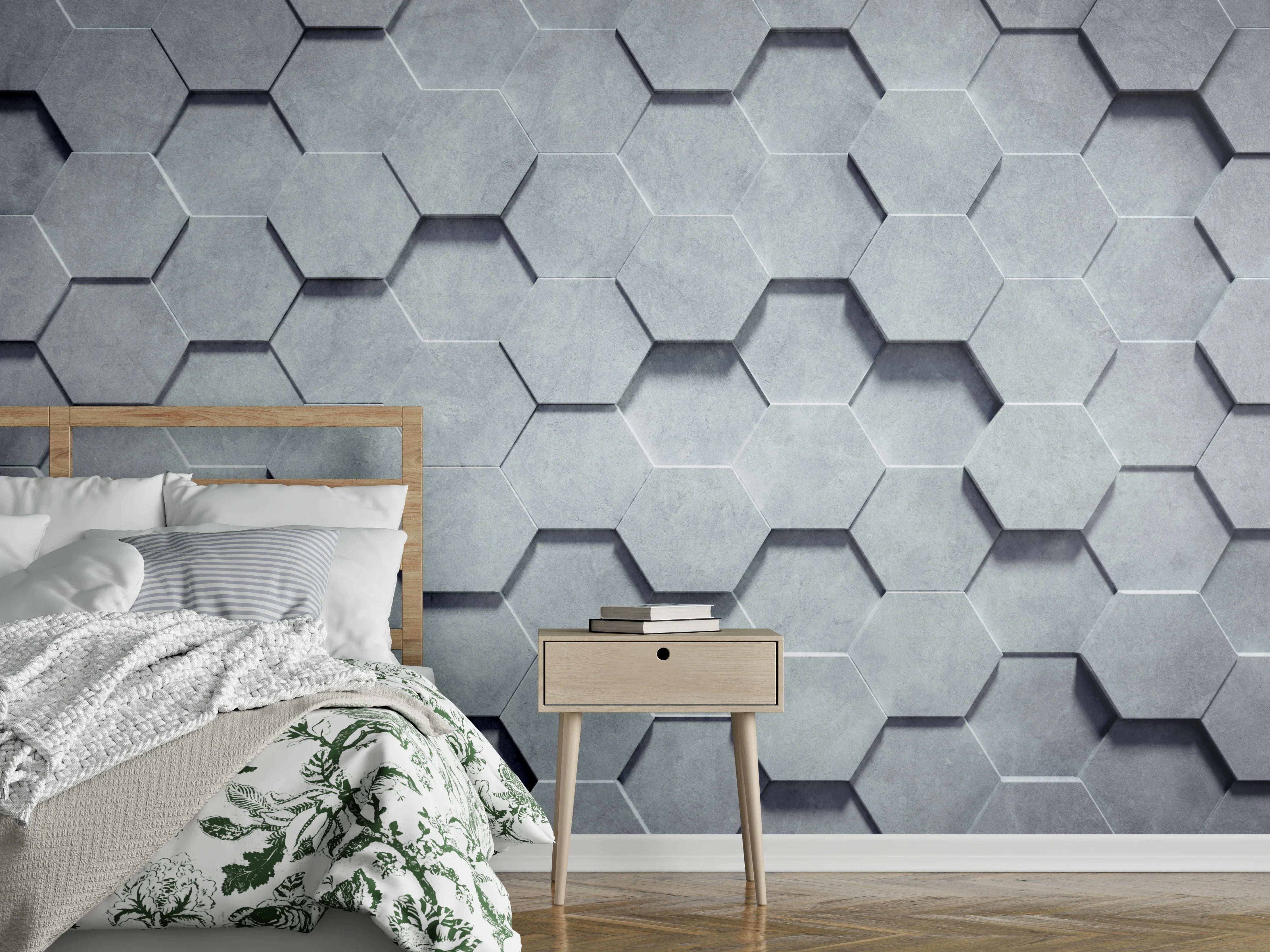 Wandverkleidung Schlafzimmer - Hexagon Betonoptik grau modern