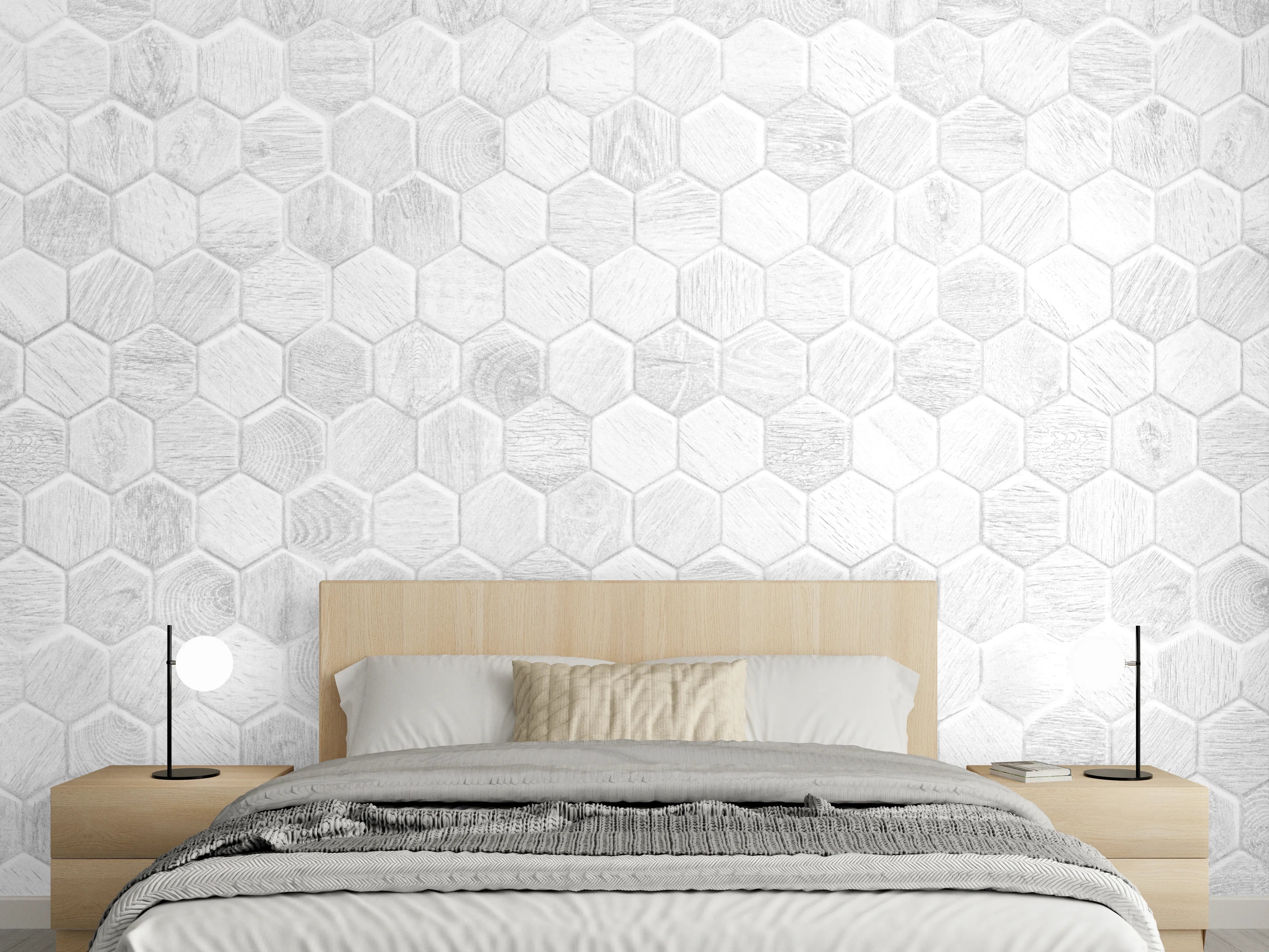 Wandverkleidung Schlafzimmer - Hexagon-Holzpaneele Grau-Weiß
