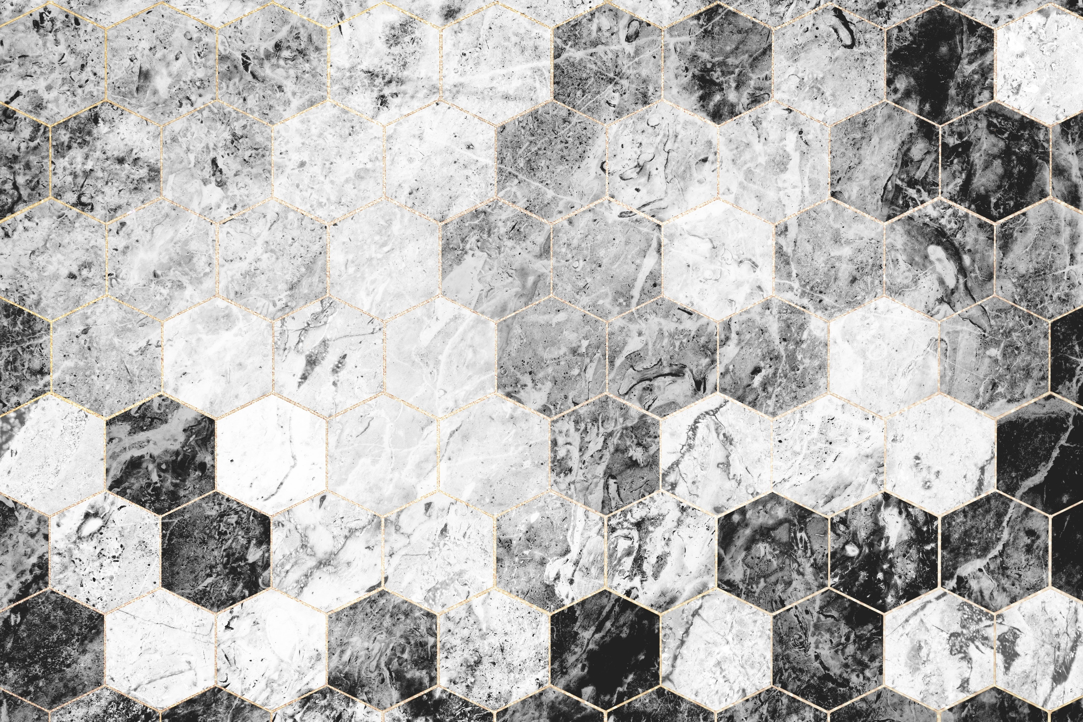 Wandverkleidung Schlafzimmer-Hexagon-Marmoroptik in Schwarz-Weiß & Grau