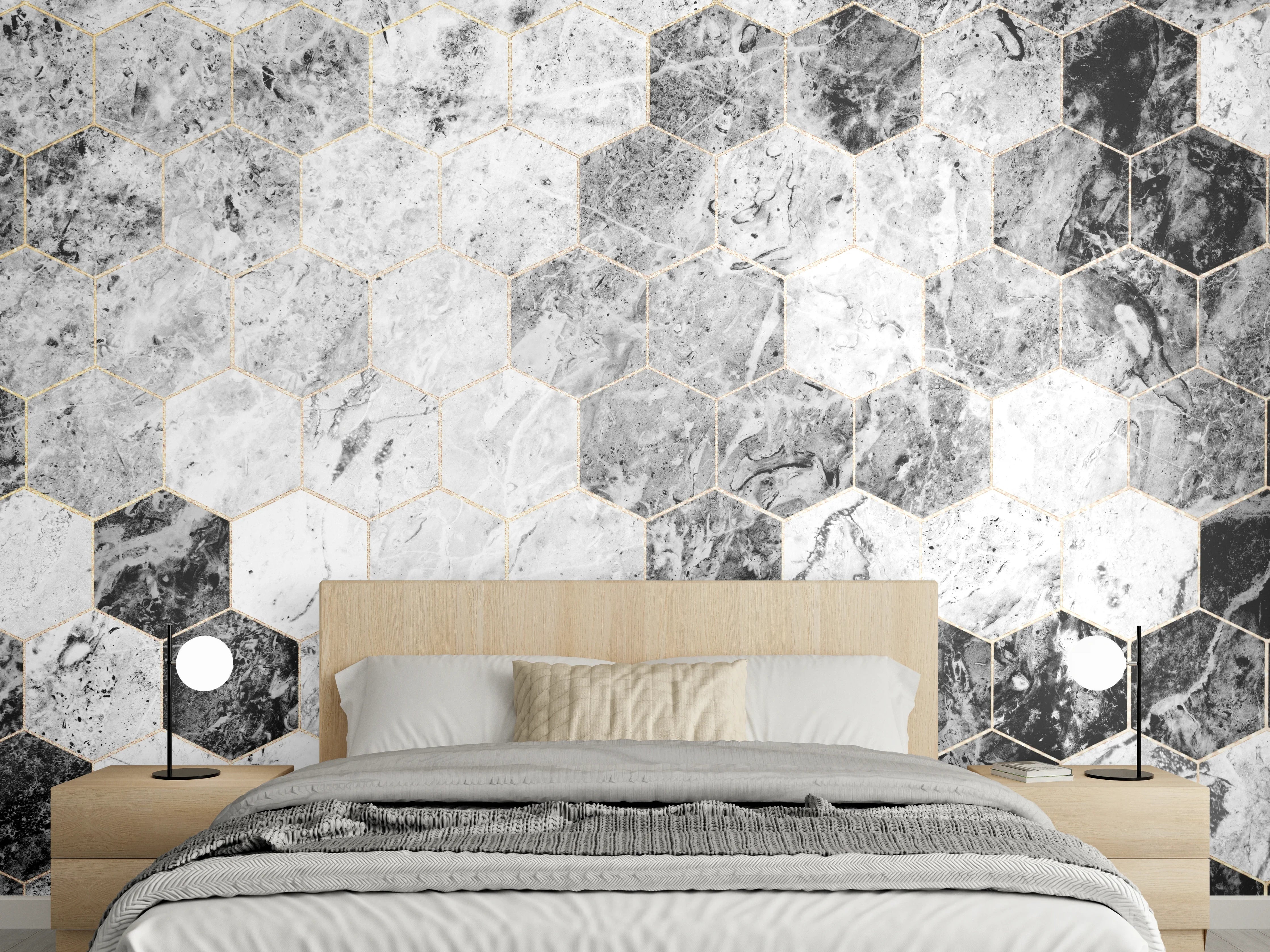 Wandverkleidung Schlafzimmer - Hexagon-Marmoroptik in Schwarz-Weiß & Grau