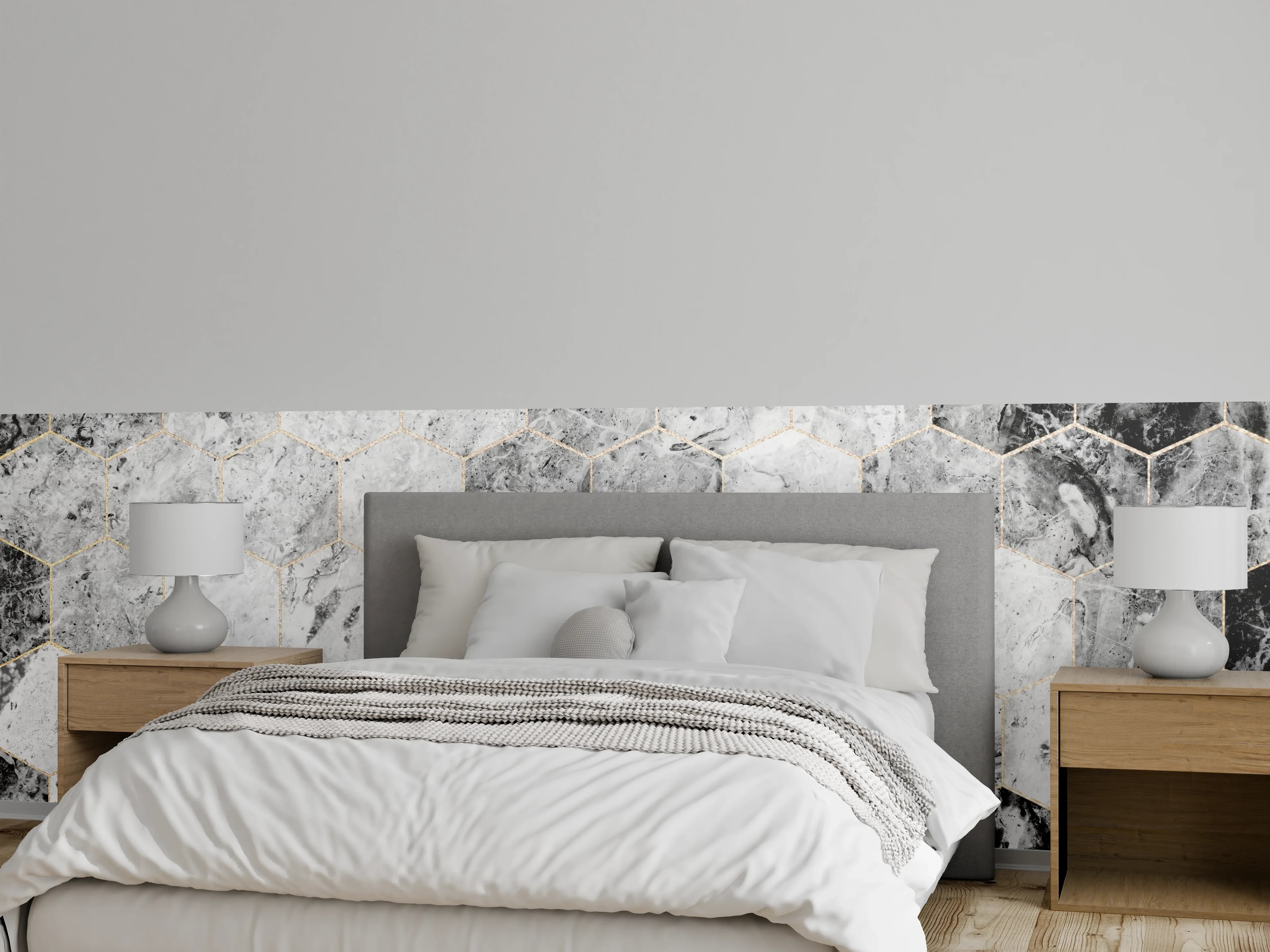 Wandverkleidung Schlafzimmer - Hexagon-Marmoroptik in Schwarz-Weiß & Grau