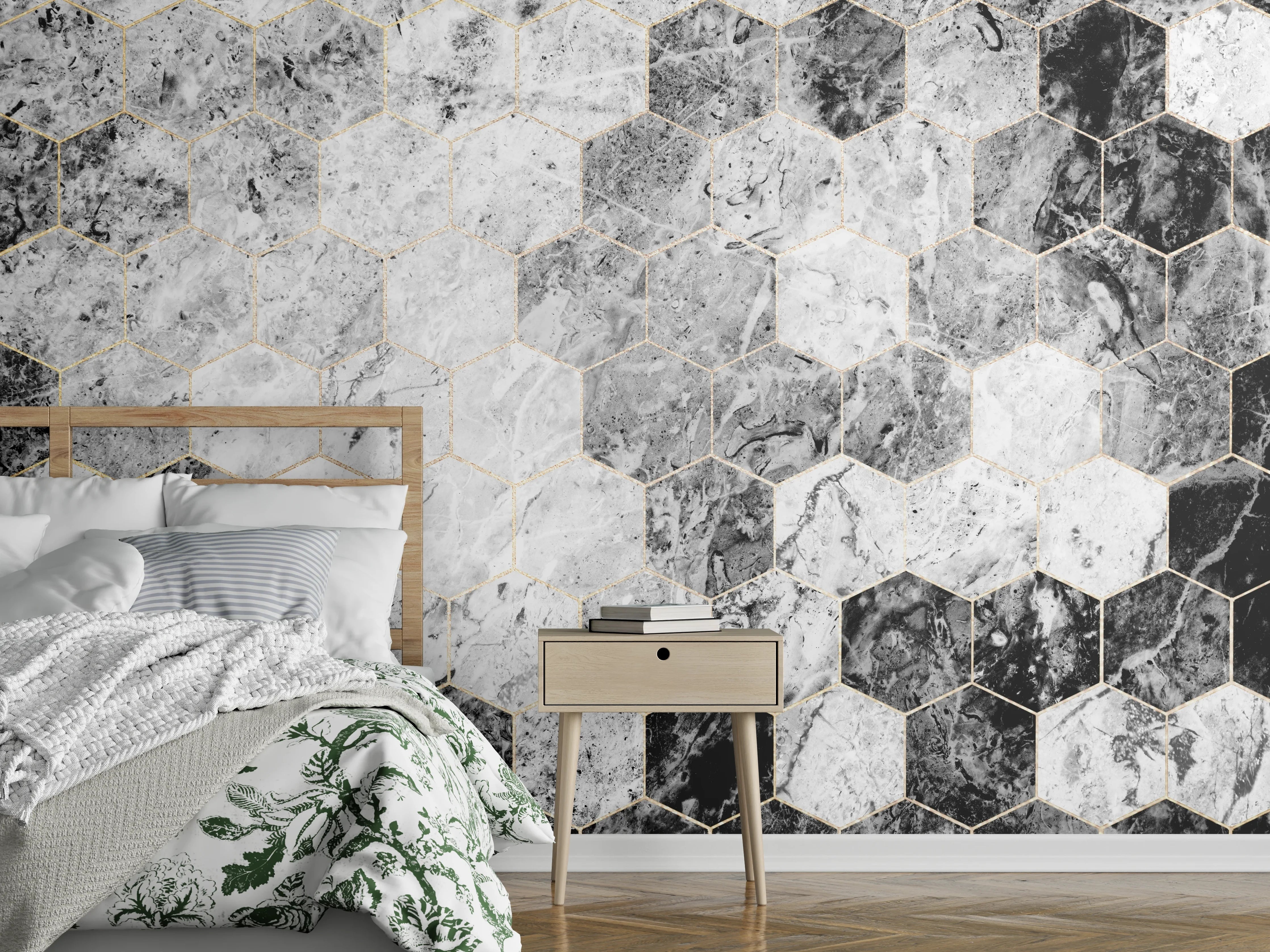 Wandverkleidung Schlafzimmer - Hexagon-Marmoroptik in Schwarz-Weiß & Grau