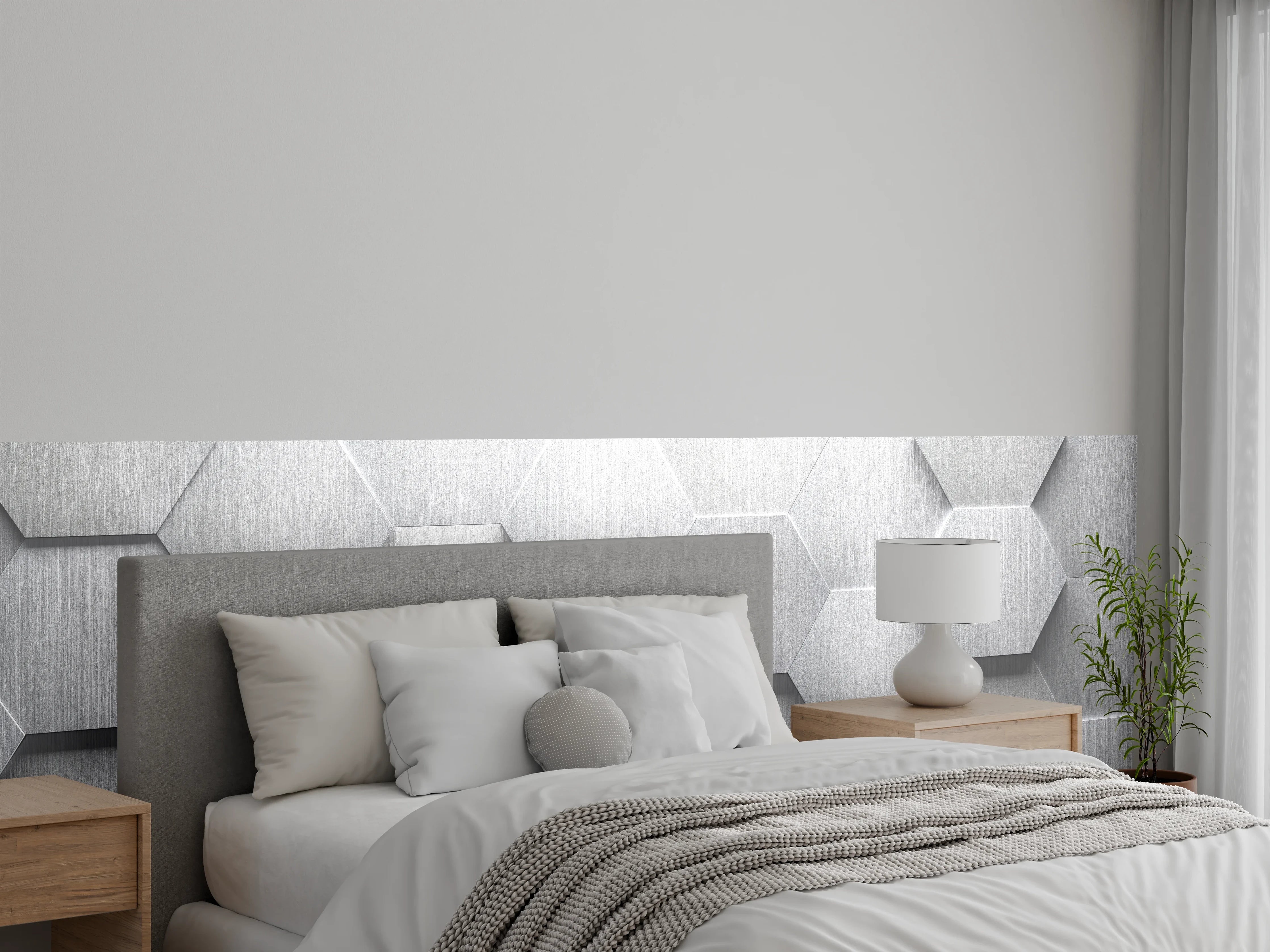 Wandverkleidung Schlafzimmer - Hexagon Metallstruktur Grau-Weiß