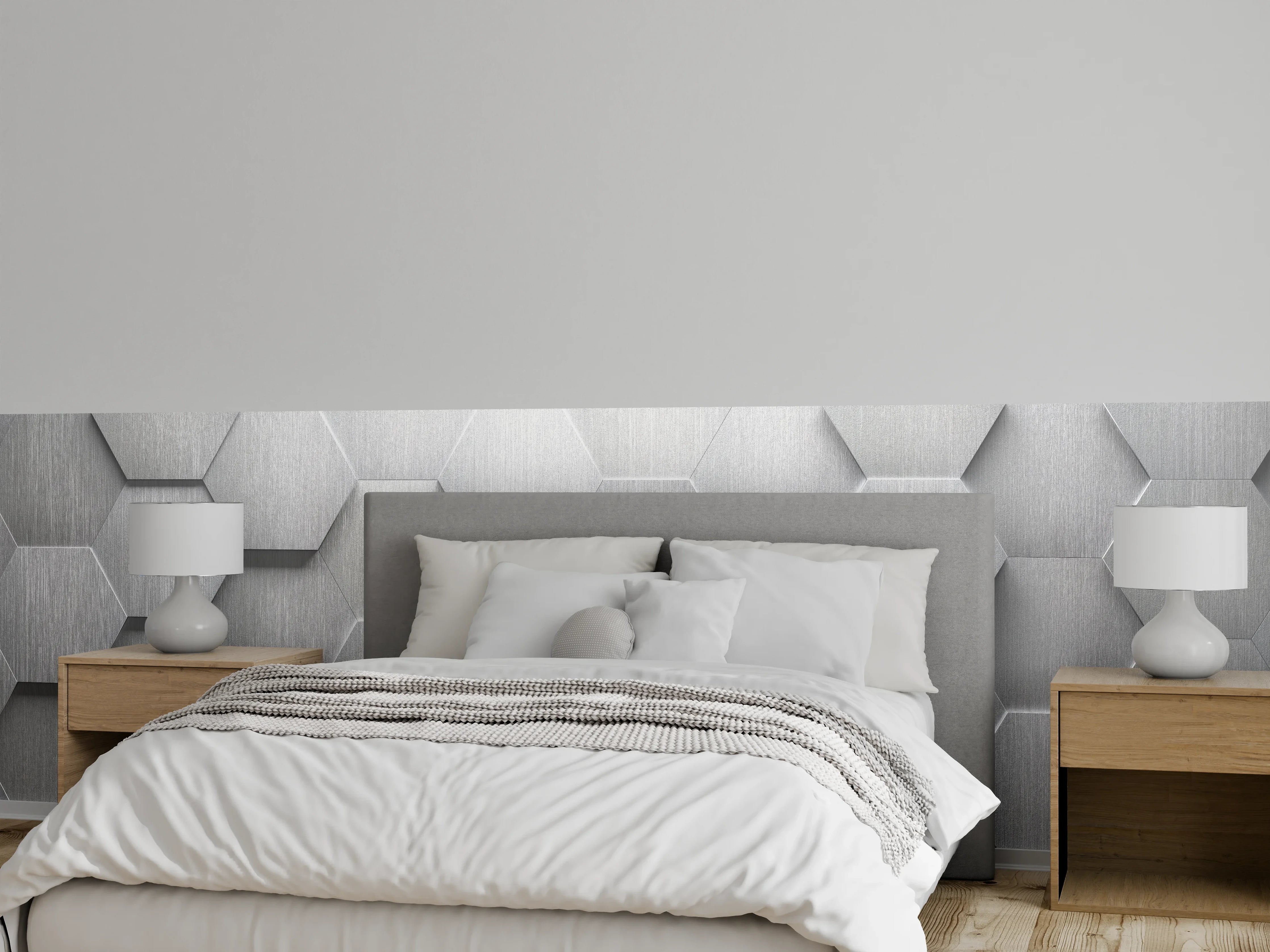 Wandverkleidung Schlafzimmer - Hexagon Metallstruktur Grau-Weiß