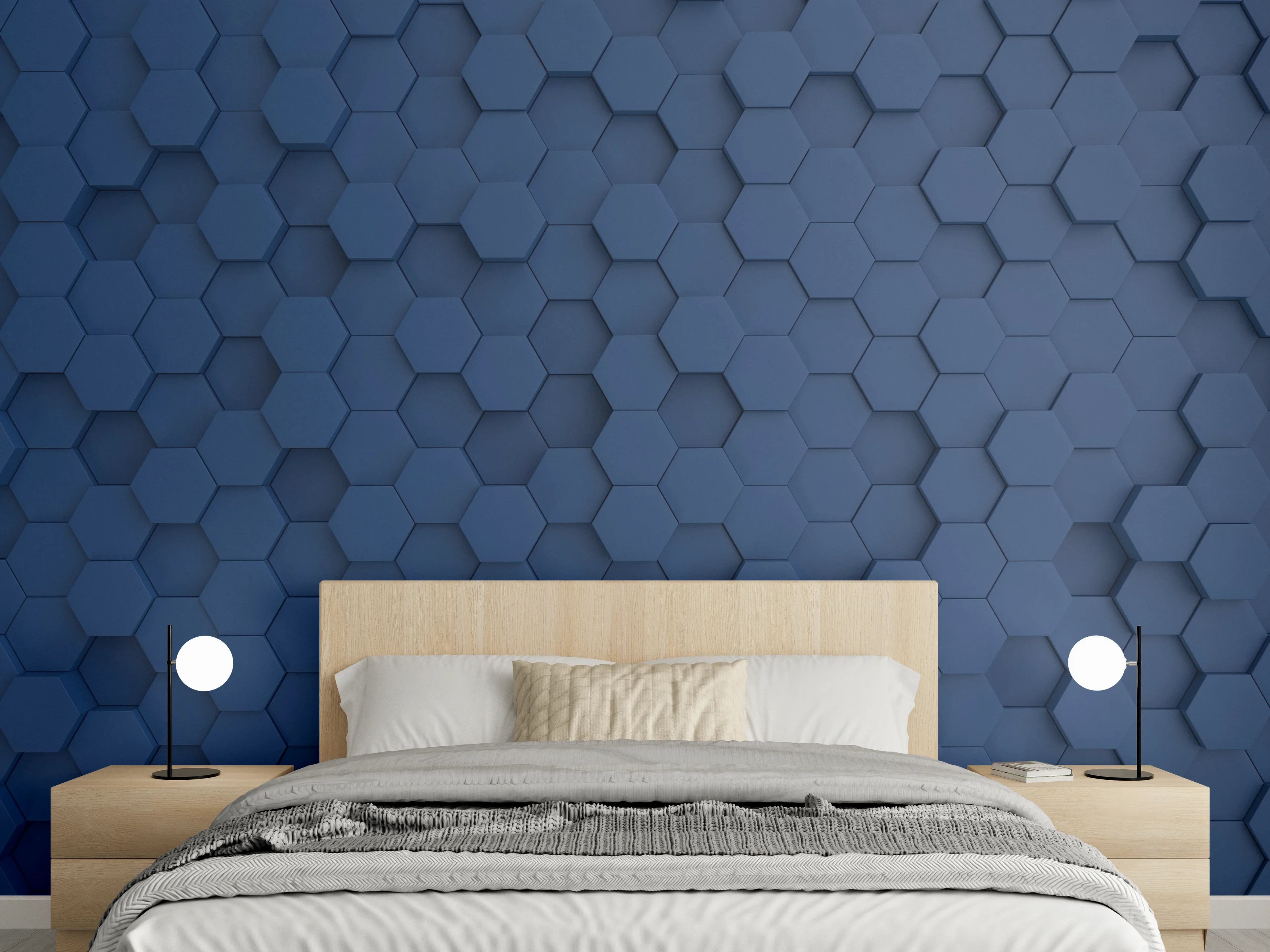 Wandverkleidung Schlafzimmer - Hexagon Wanddesign in elegantem Blau